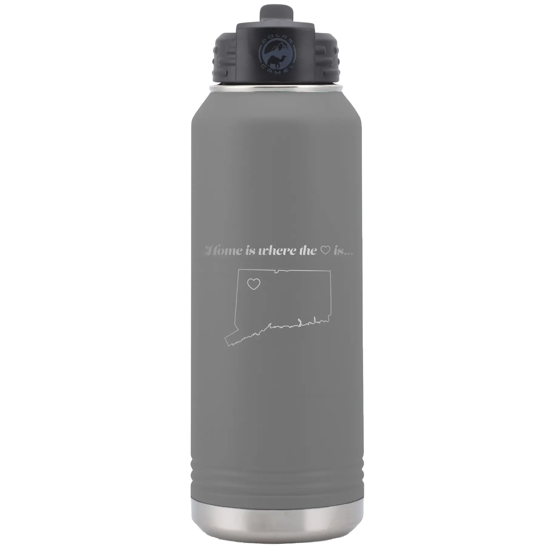 Laser etched dark gray 32 oz vacuum insulated water bottle with 'Connecticut Heart' design