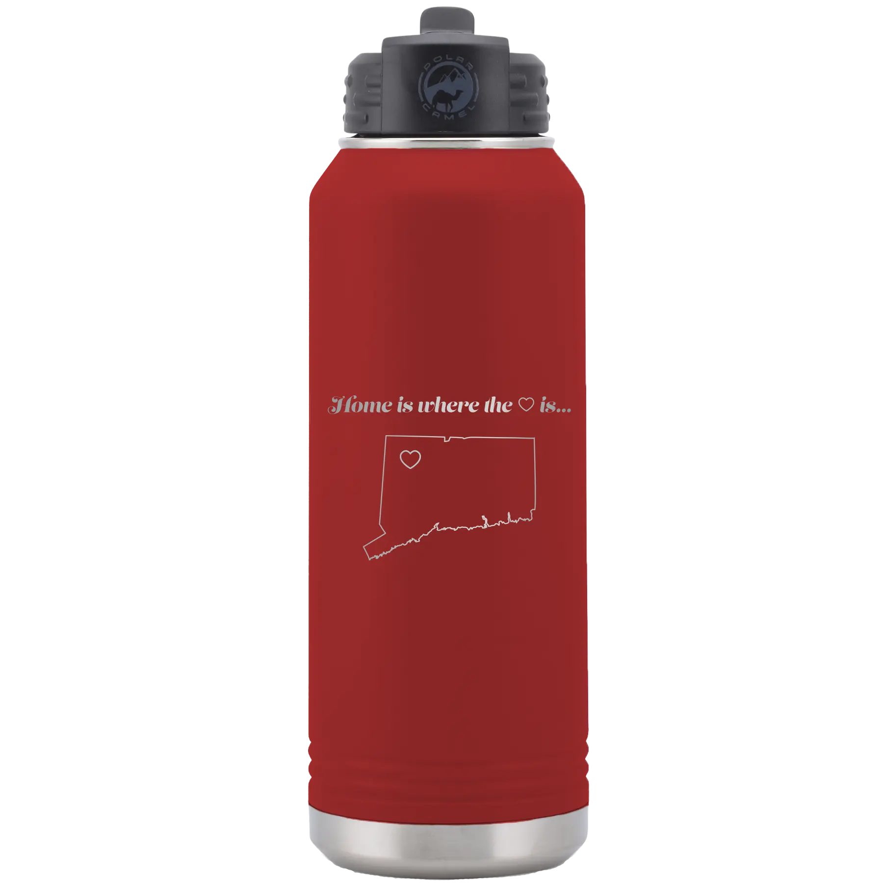 Laser etched maroon 32 oz vacuum insulated water bottle with 'Connecticut Heart' design