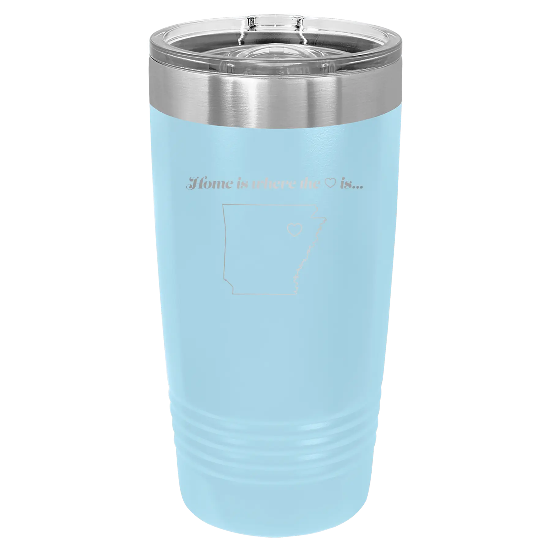 Laser etched light blue 20 oz vacuum insulated tumbler with 'Arkansas Heart' design