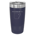 Laser etched navy 20 oz vacuum insulated tumbler with 'Arkansas Heart' design