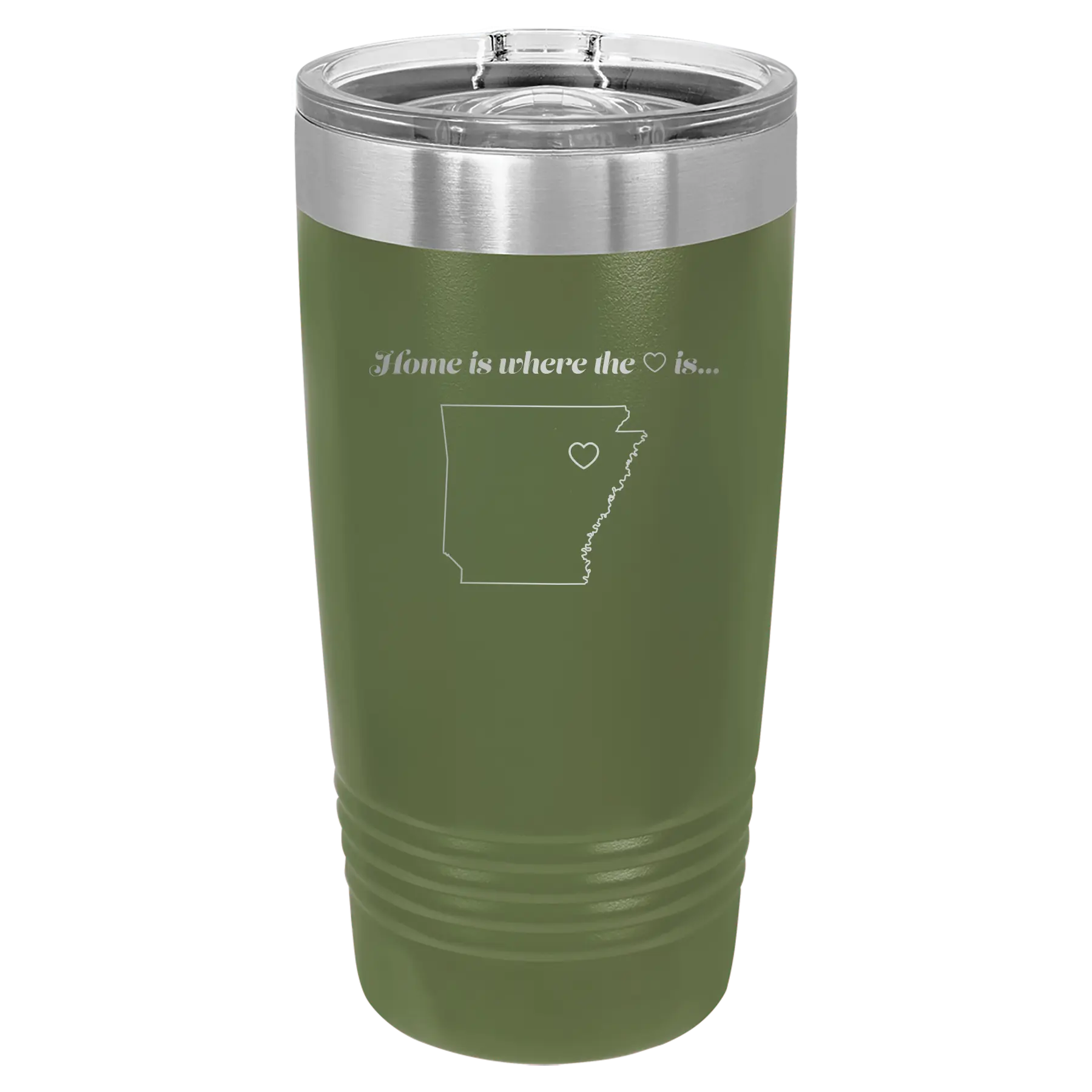 Laser etched olive green 20 oz vacuum insulated tumbler with 'Arkansas Heart' design