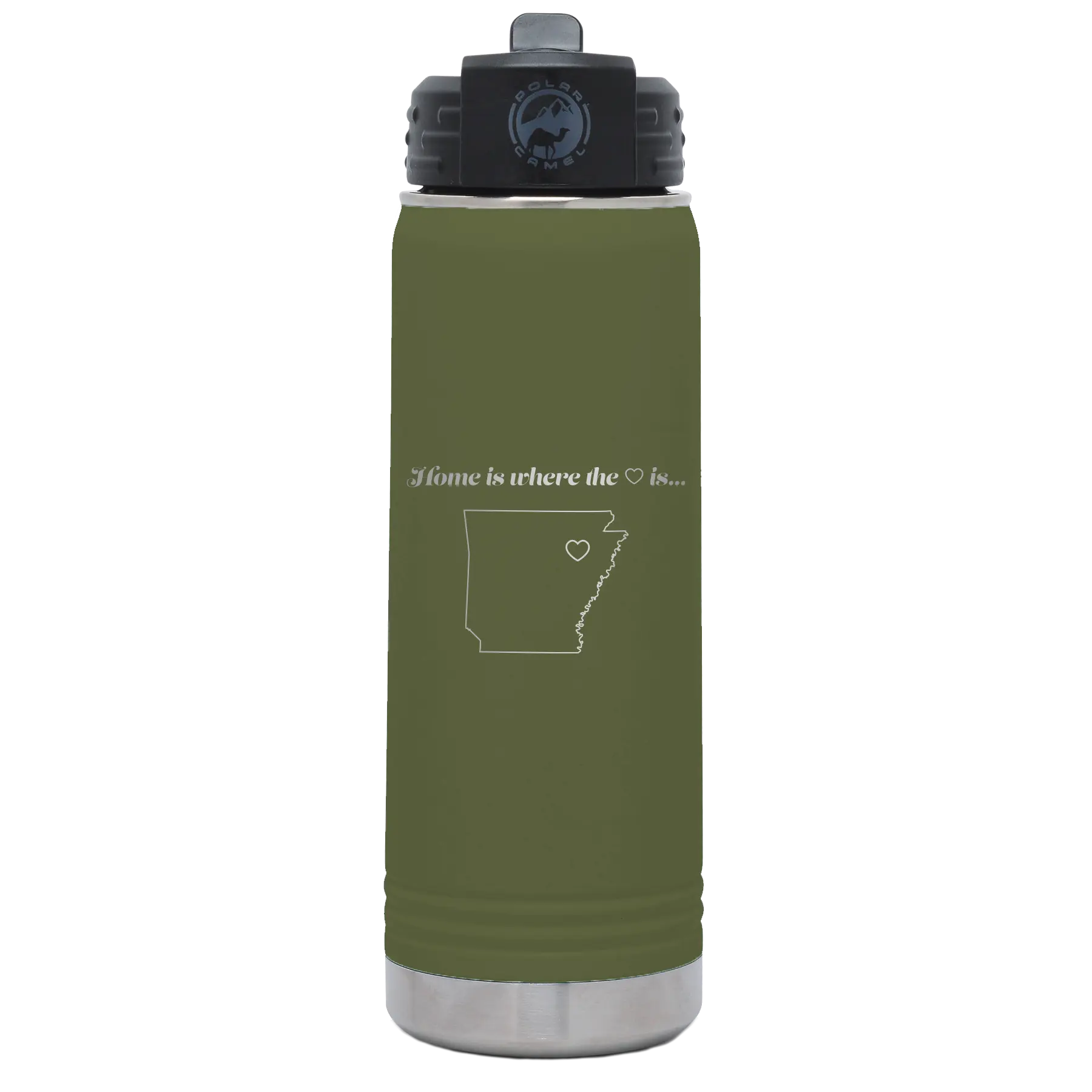 Laser etched olive green 20 oz vacuum insulated water bottle with 'Arkansas Heart' design