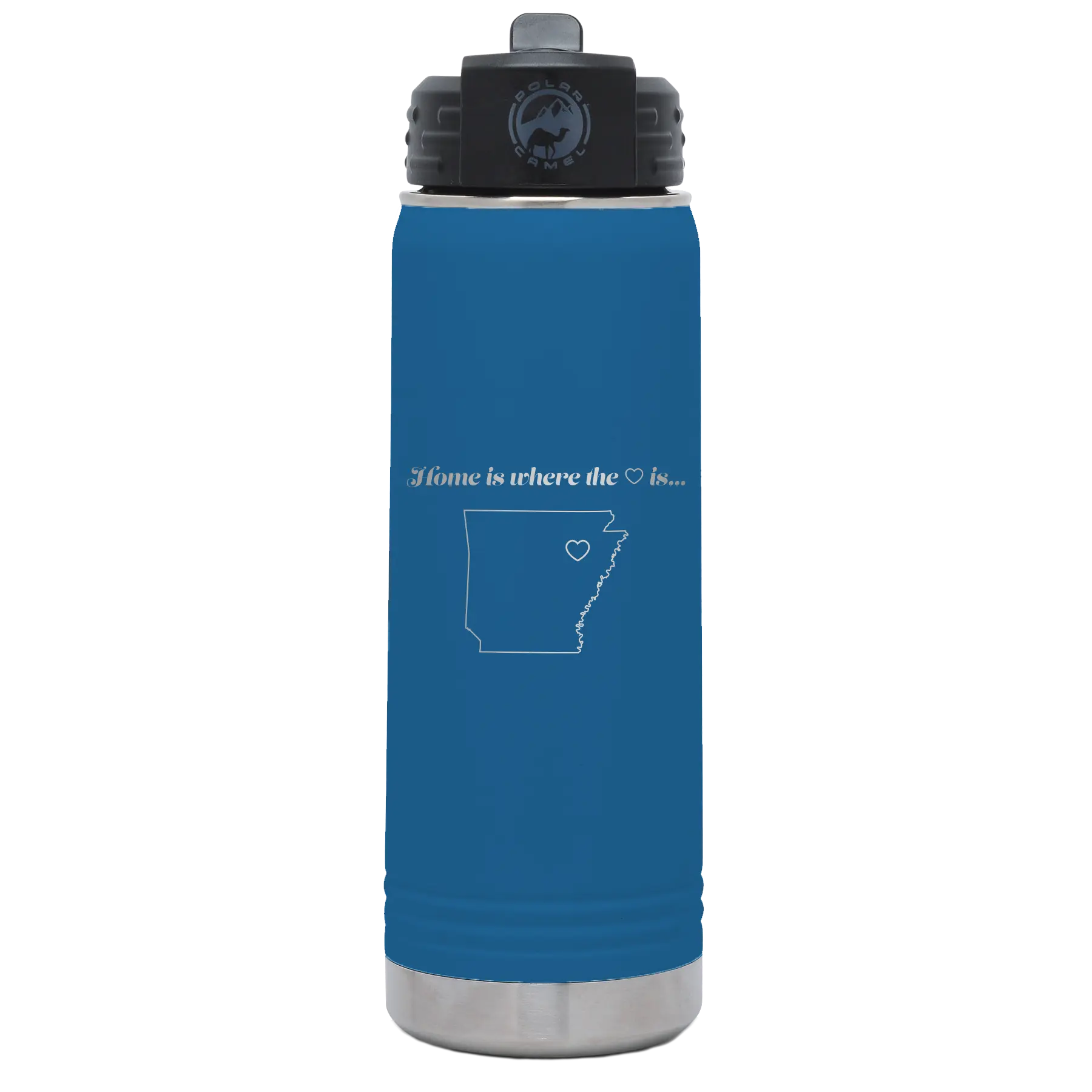 Laser etched royal blue 20 oz vacuum insulated water bottle with 'Arkansas Heart' design