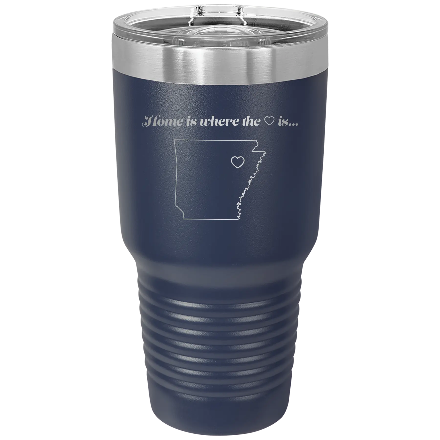 Laser etched navy 30 oz vacuum insulated tumbler with 'Arkansas Heart' design