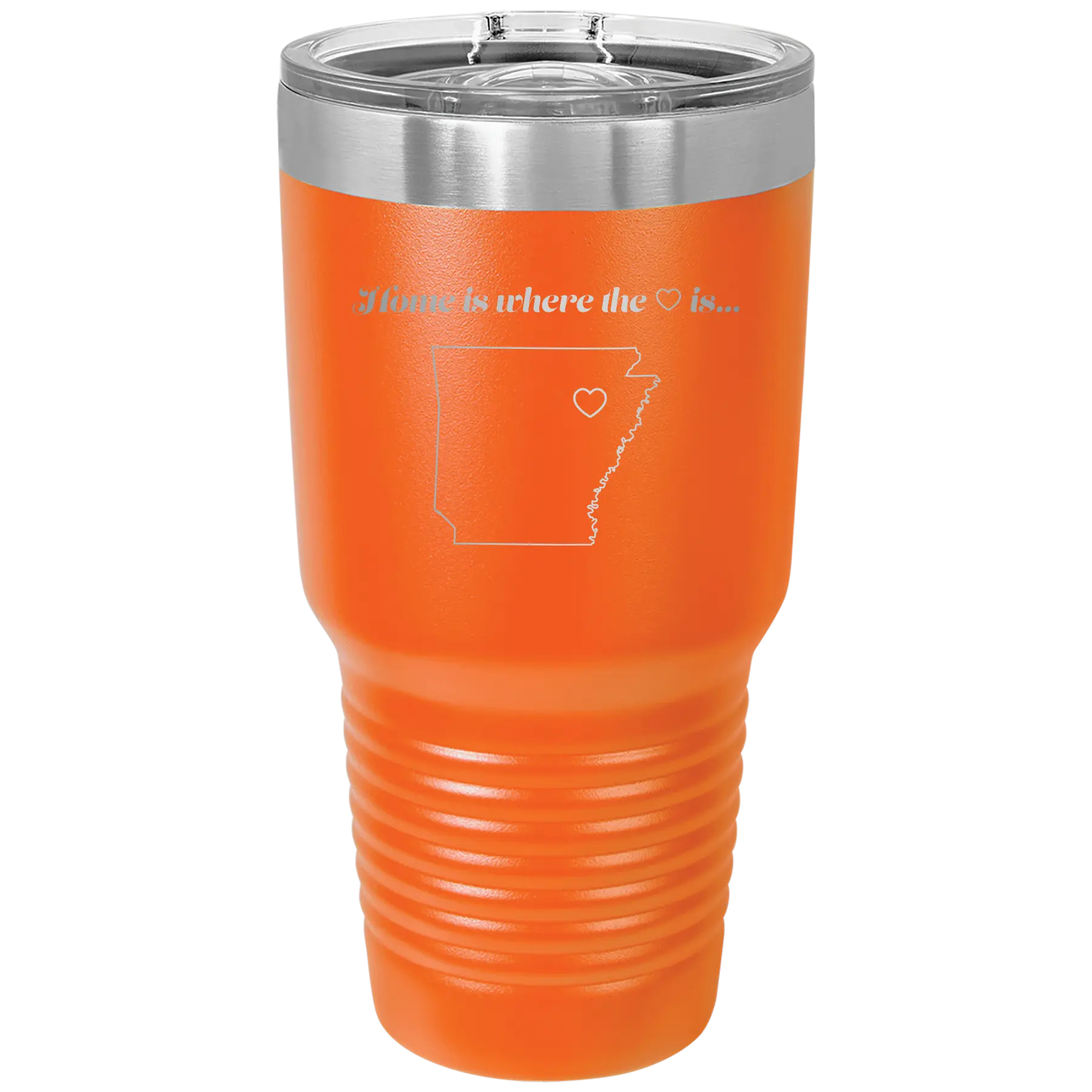 Laser etched orange 30 oz vacuum insulated tumbler with 'Arkansas Heart' design