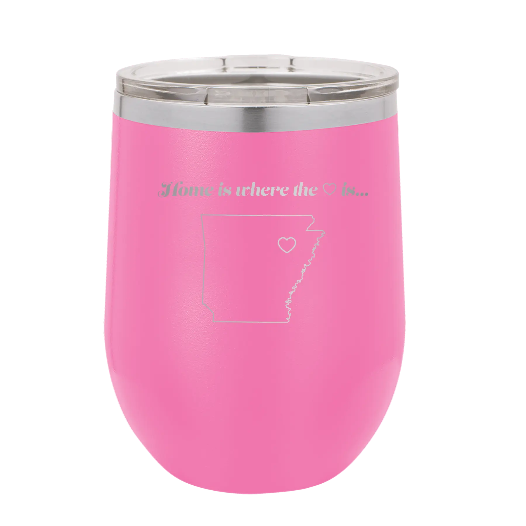Laser etched pink 12 oz vacuum insulated wine cup with 'Arkansas Heart' design