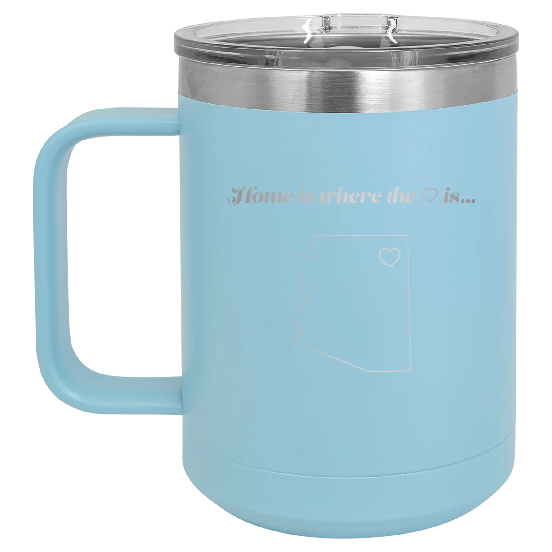 Laser etched light blue 15 oz vacuum insulated coffee mug with 'Arizona Heart' design