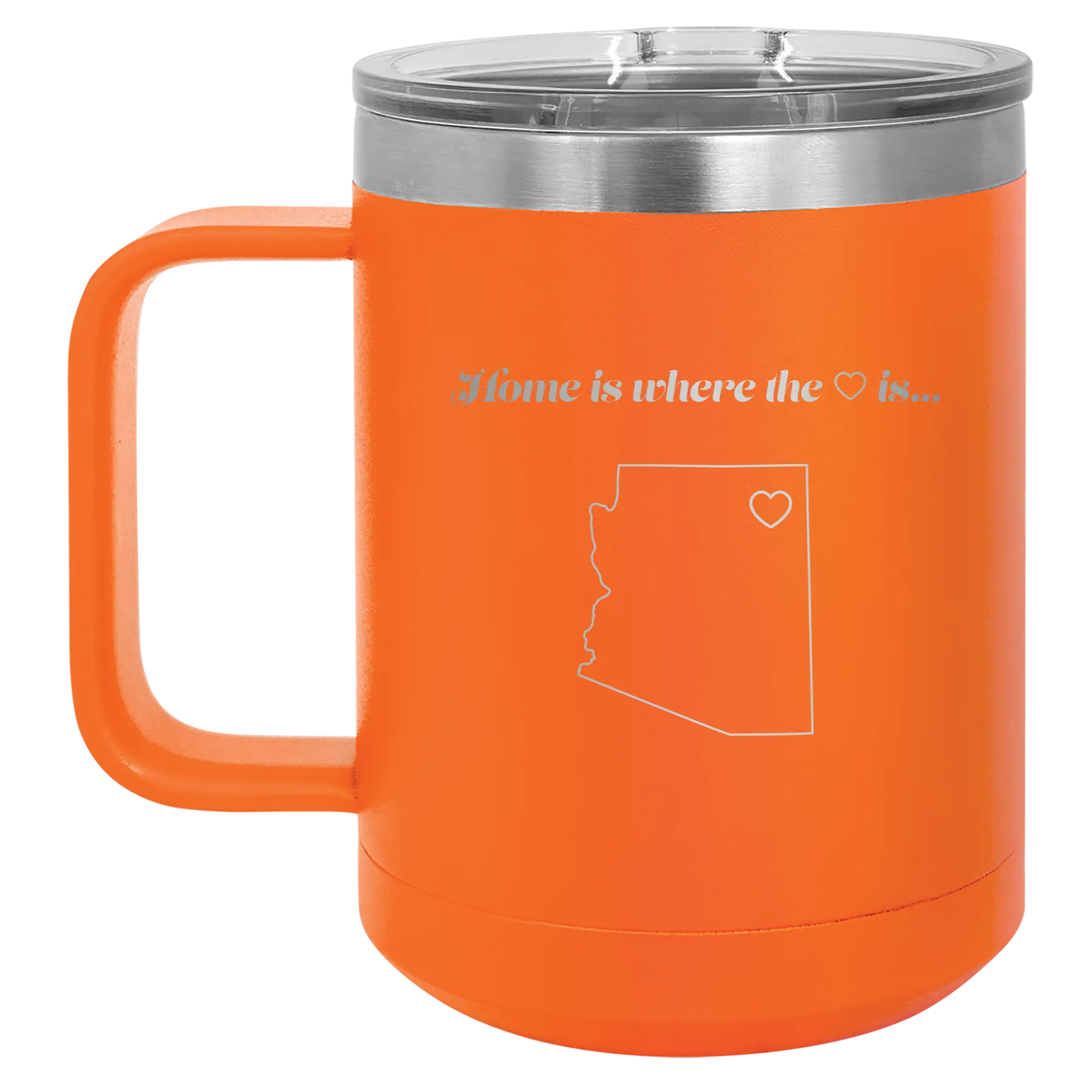Laser etched orange 15 oz vacuum insulated coffee mug with 'Arizona Heart' design