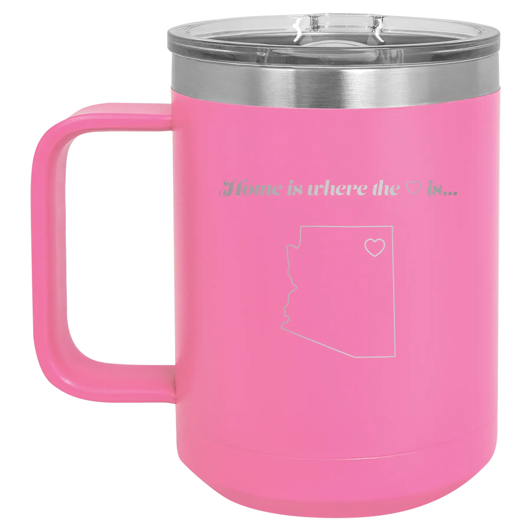 Laser etched pink 15 oz vacuum insulated coffee mug with 'Arizona Heart' design