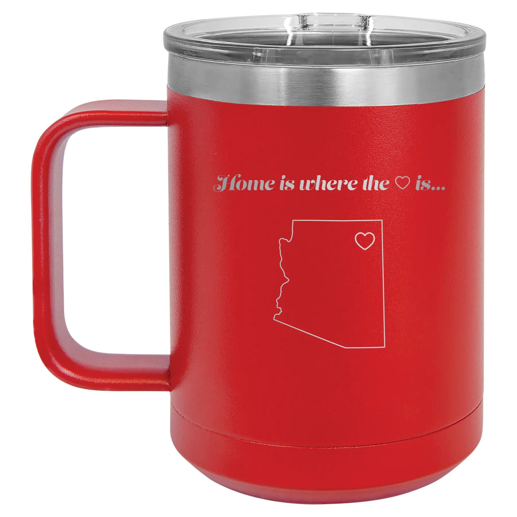Laser etched red 15 oz vacuum insulated coffee mug with 'Arizona Heart' design