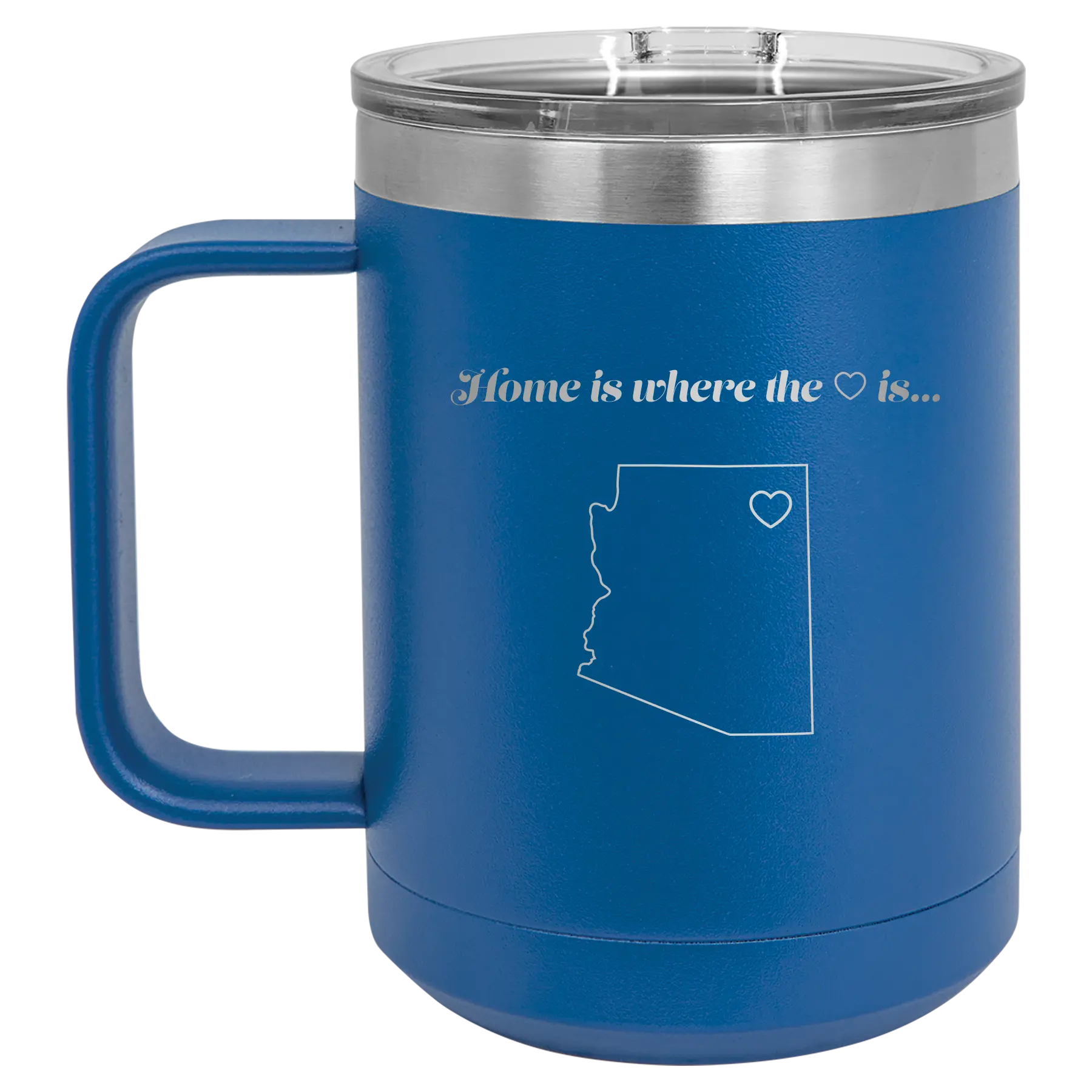 Laser etched royal blue 15 oz vacuum insulated coffee mug with 'Arizona Heart' design