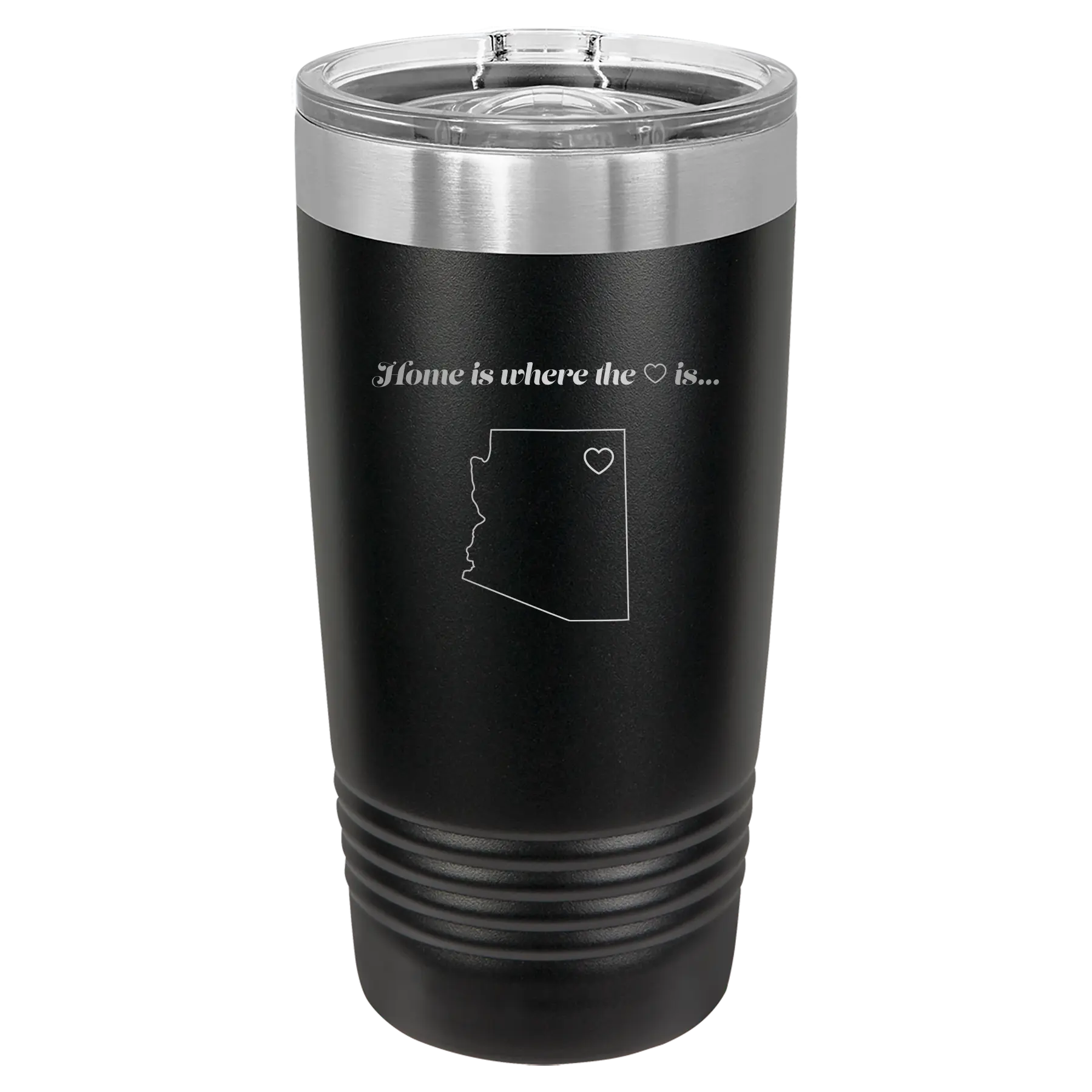 Laser etched black 20 oz vacuum insulated tumbler with 'Arizona Heart' design