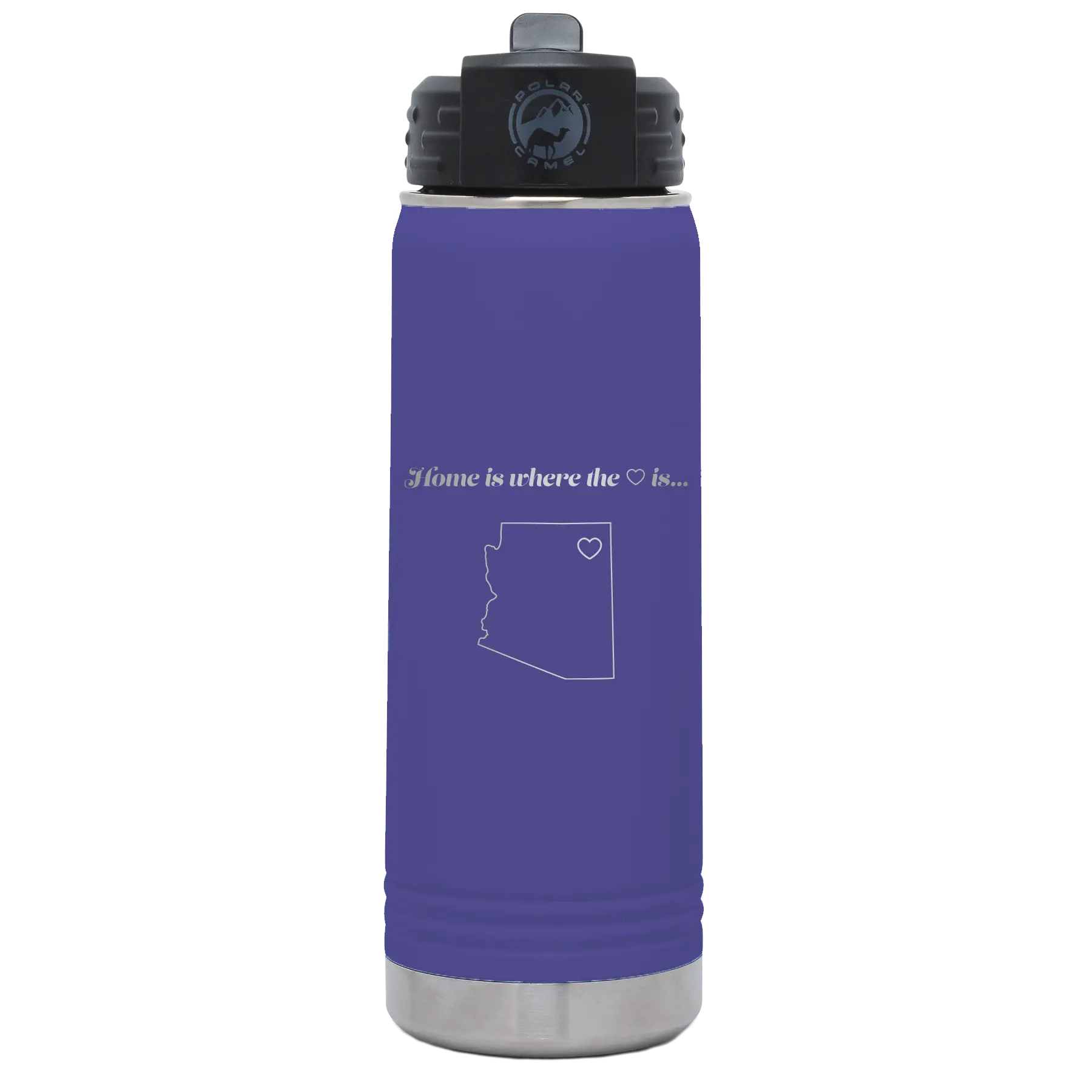 Laser etched purple 20 oz vacuum insulated water bottle with 'Arizona Heart' design