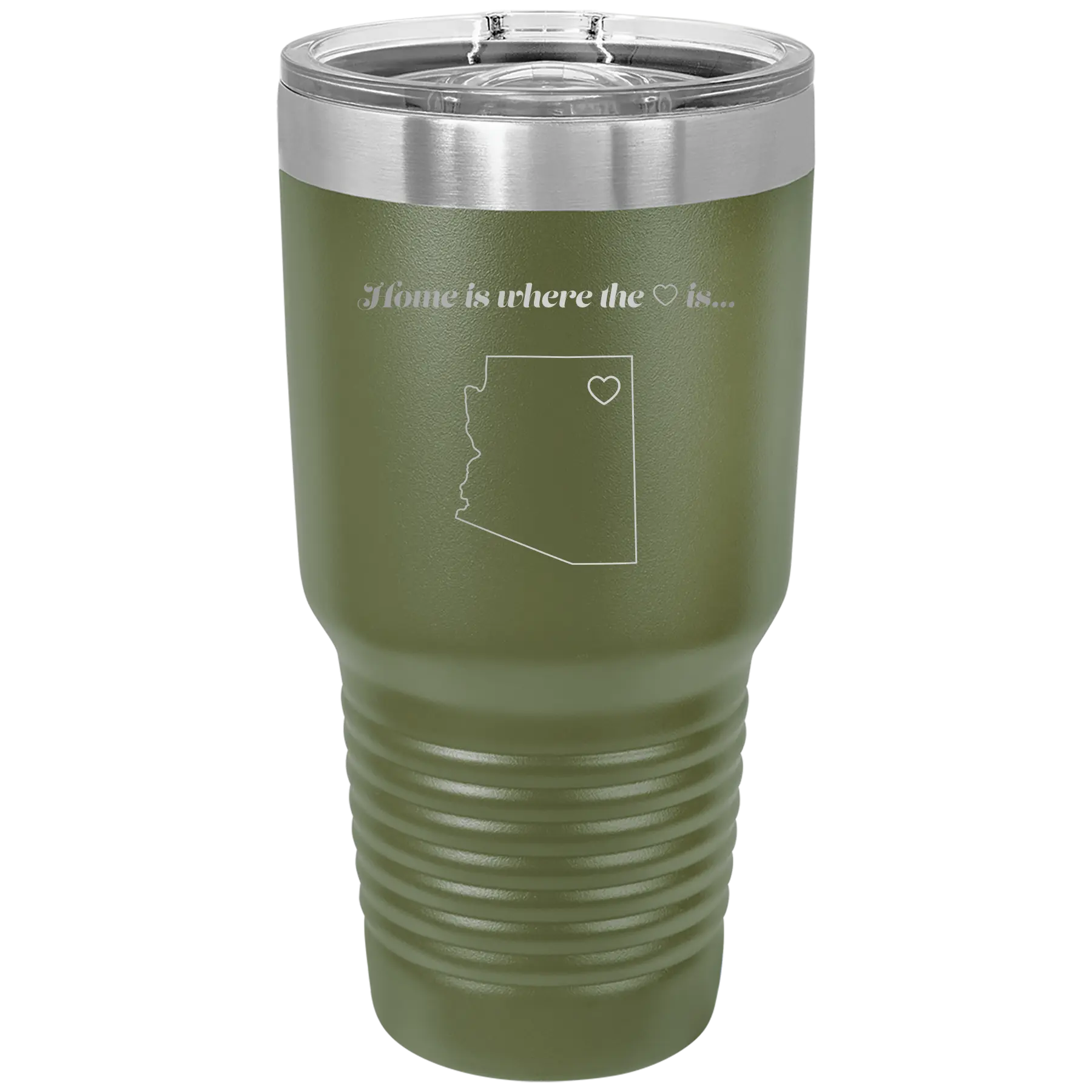 Laser etched olive green 30 oz vacuum insulated tumbler with 'Arizona Heart' design