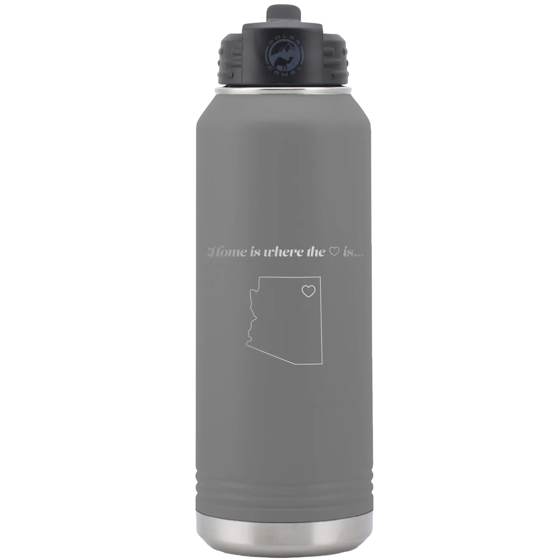 Laser etched dark gray 32 oz vacuum insulated water bottle with 'Arizona Heart' design