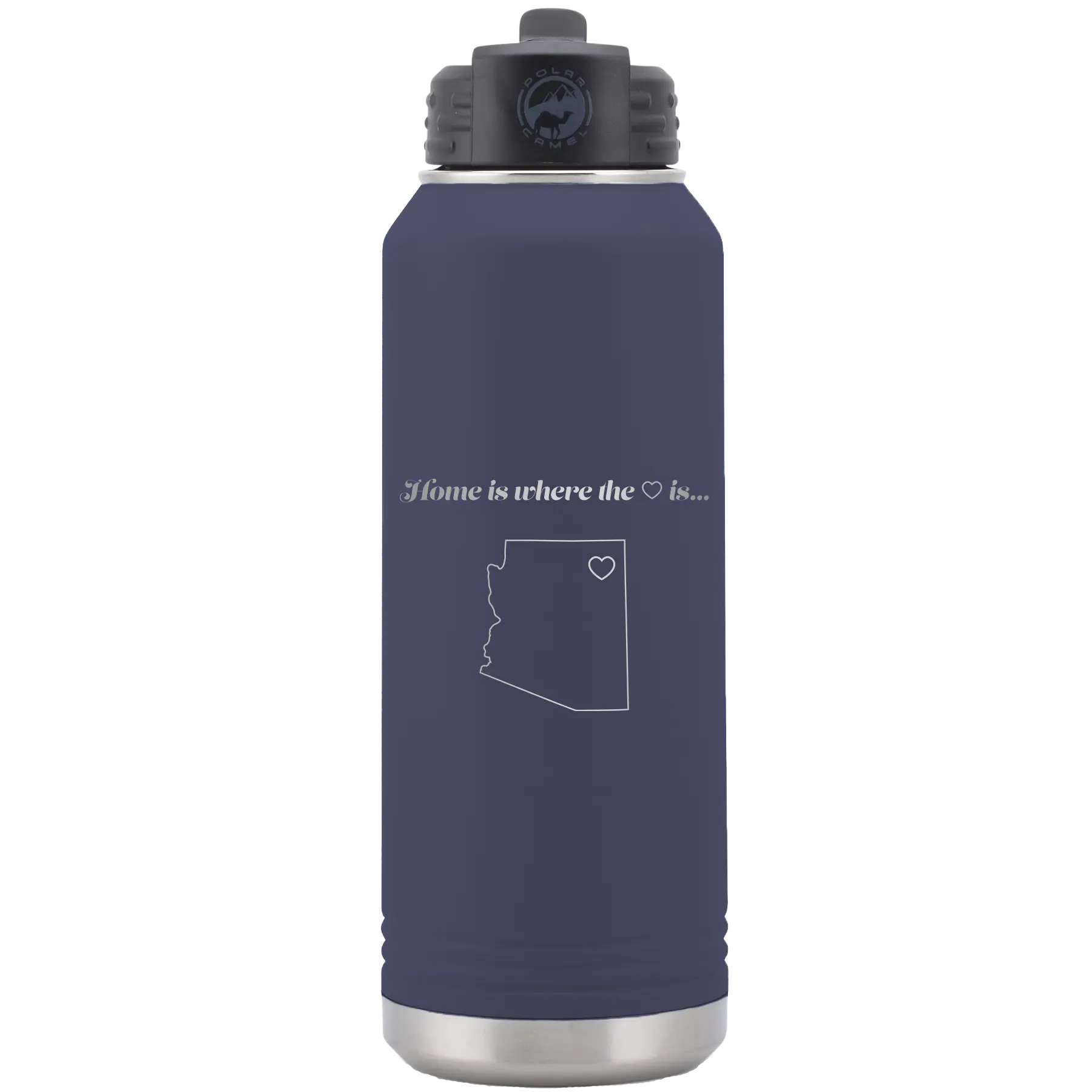 Laser etched navy 32 oz vacuum insulated water bottle with 'Arizona Heart' design