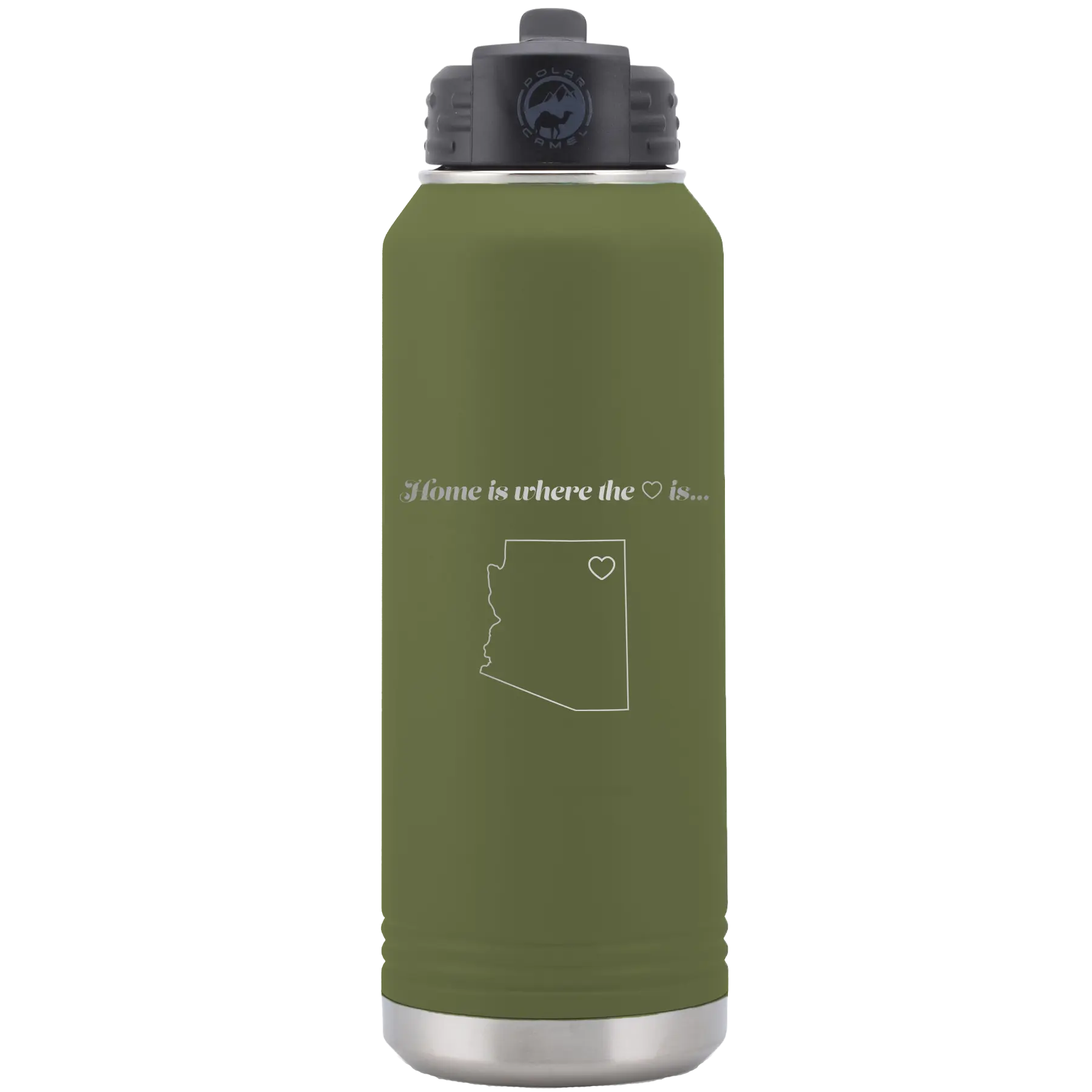 Laser etched olive green 32 oz vacuum insulated water bottle with 'Arizona Heart' design