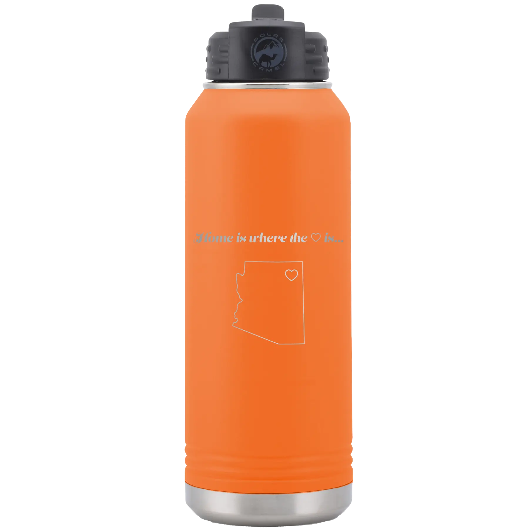 Laser etched orange 32 oz vacuum insulated water bottle with 'Arizona Heart' design