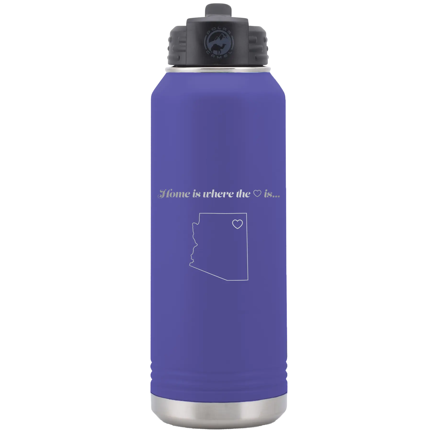 Laser etched purple 32 oz vacuum insulated water bottle with 'Arizona Heart' design