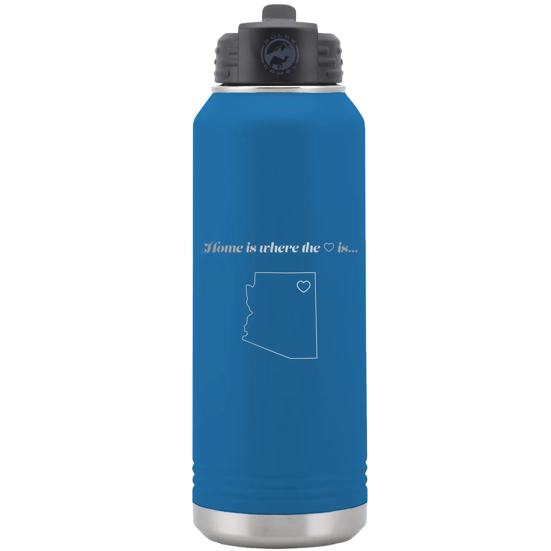 Laser etched royal blue 32 oz vacuum insulated water bottle with 'Arizona Heart' design