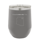 Laser etched dark gray 12 oz vacuum insulated wine cup with 'Arizona Heart' design