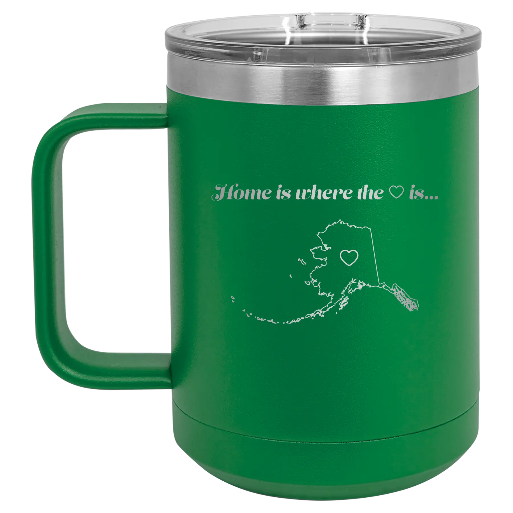 Laser etched green 15 oz vacuum insulated coffee mug with 'Alaska Heart' design