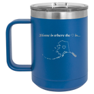 Laser etched royal blue 15 oz vacuum insulated coffee mug with 'Alaska Heart' design
