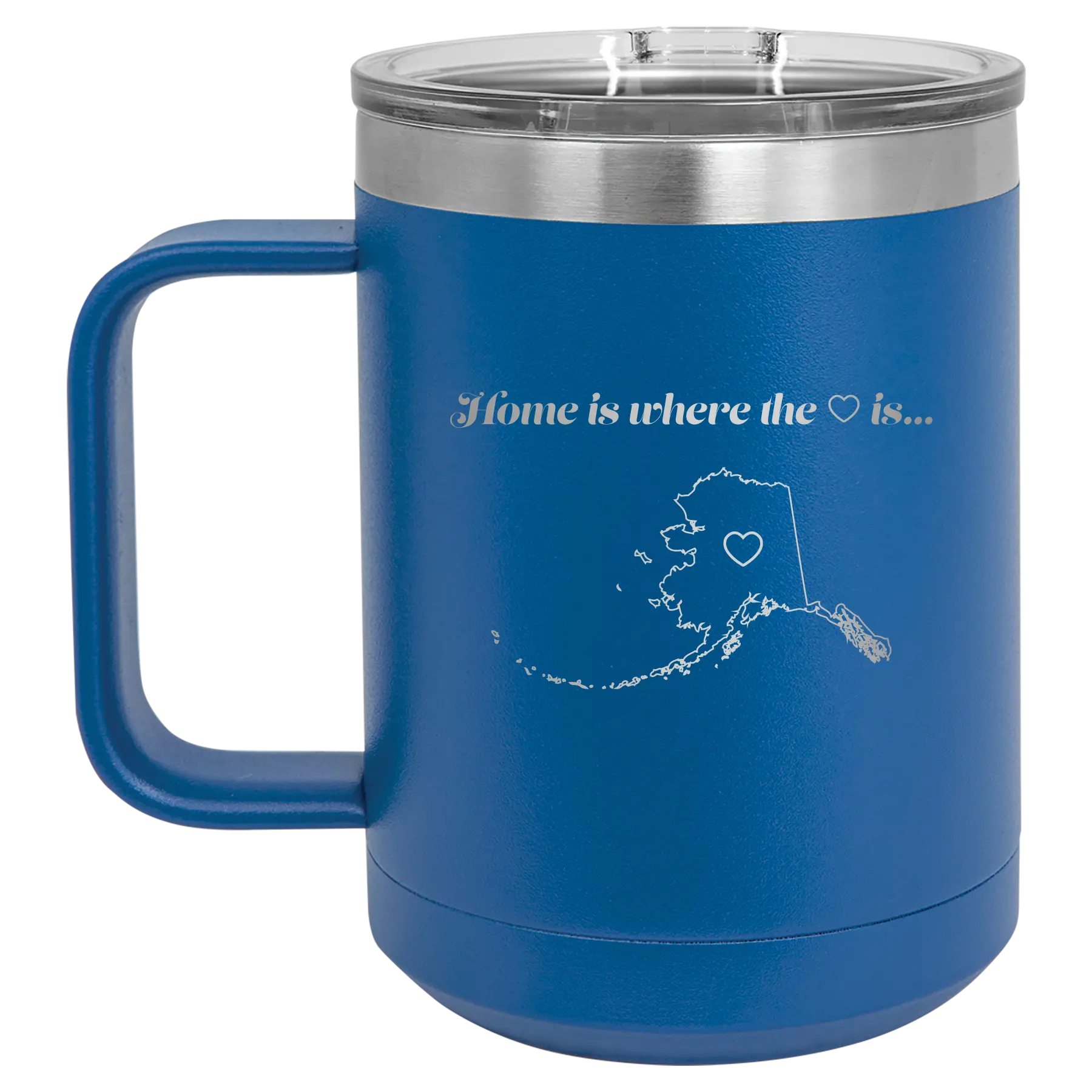 Laser etched royal blue 15 oz vacuum insulated coffee mug with 'Alaska Heart' design