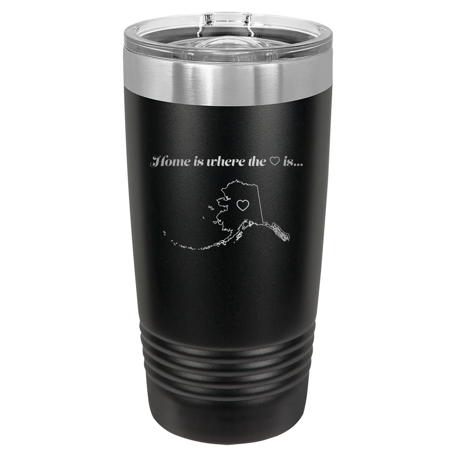 Laser etched black 20 oz vacuum insulated tumbler with 'Alaska Heart' design
