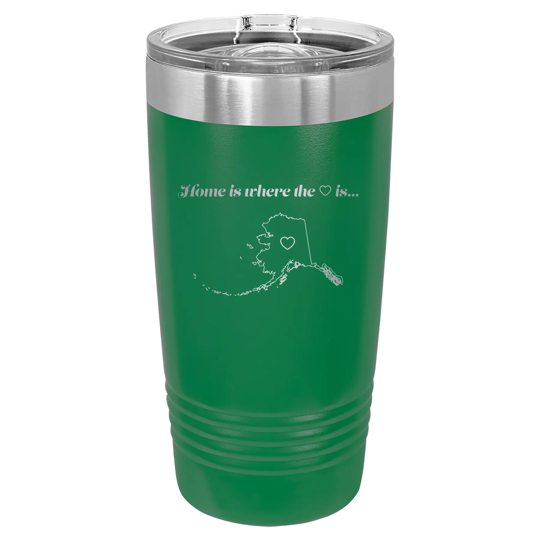 Laser etched green 20 oz vacuum insulated tumbler with 'Alaska Heart' design