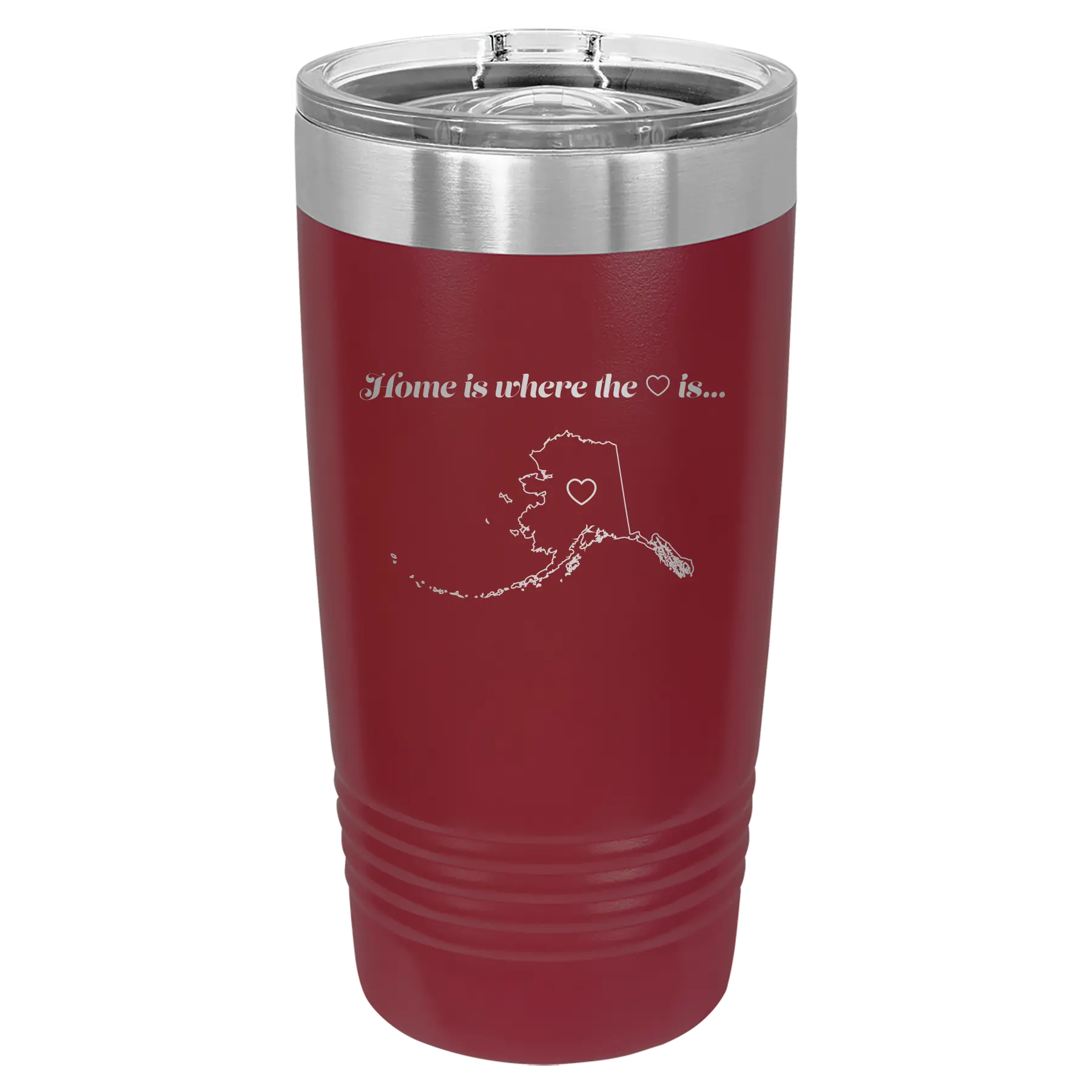 Laser etched maroon 20 oz vacuum insulated tumbler with 'Alaska Heart' design
