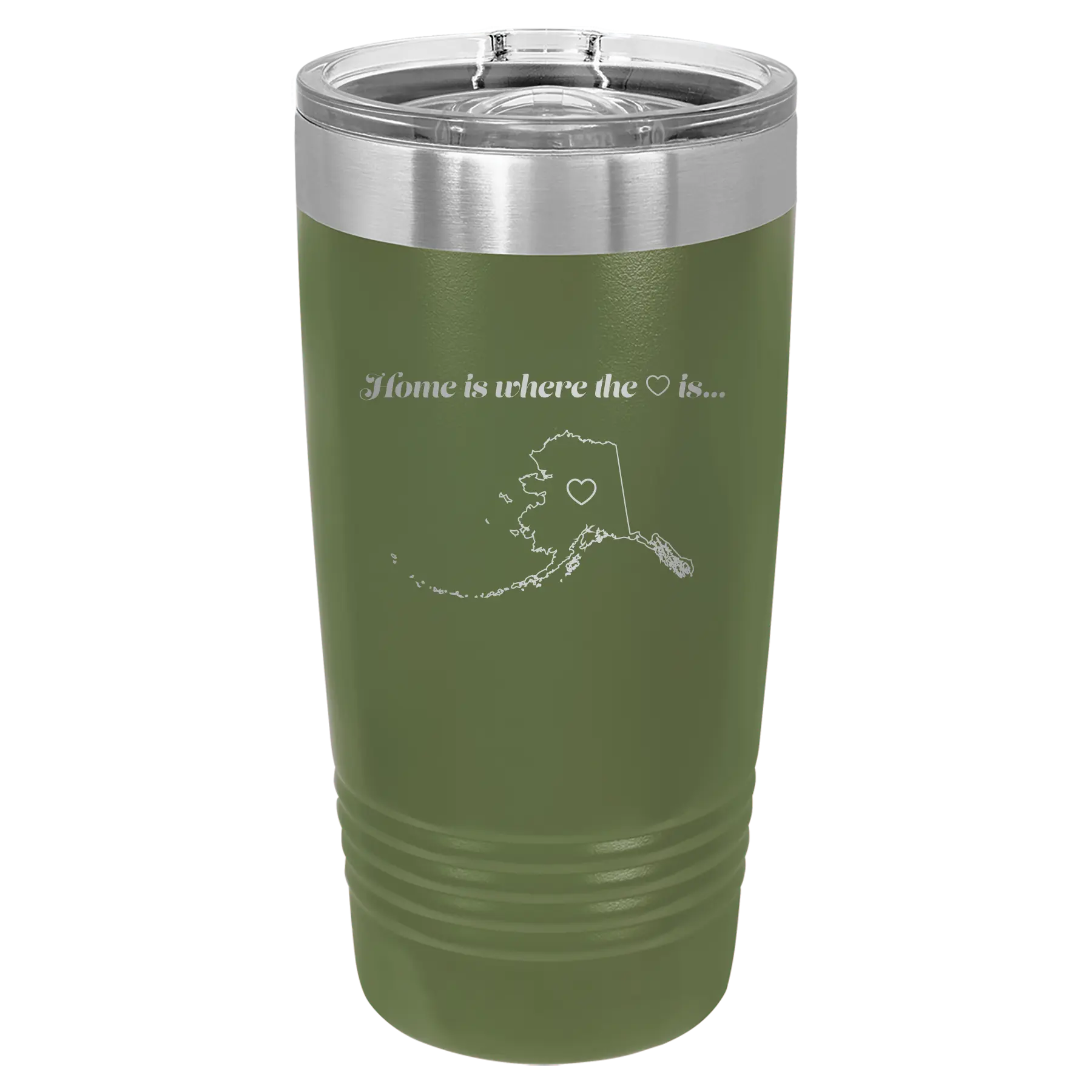 Laser etched olive green 20 oz vacuum insulated tumbler with 'Alaska Heart' design