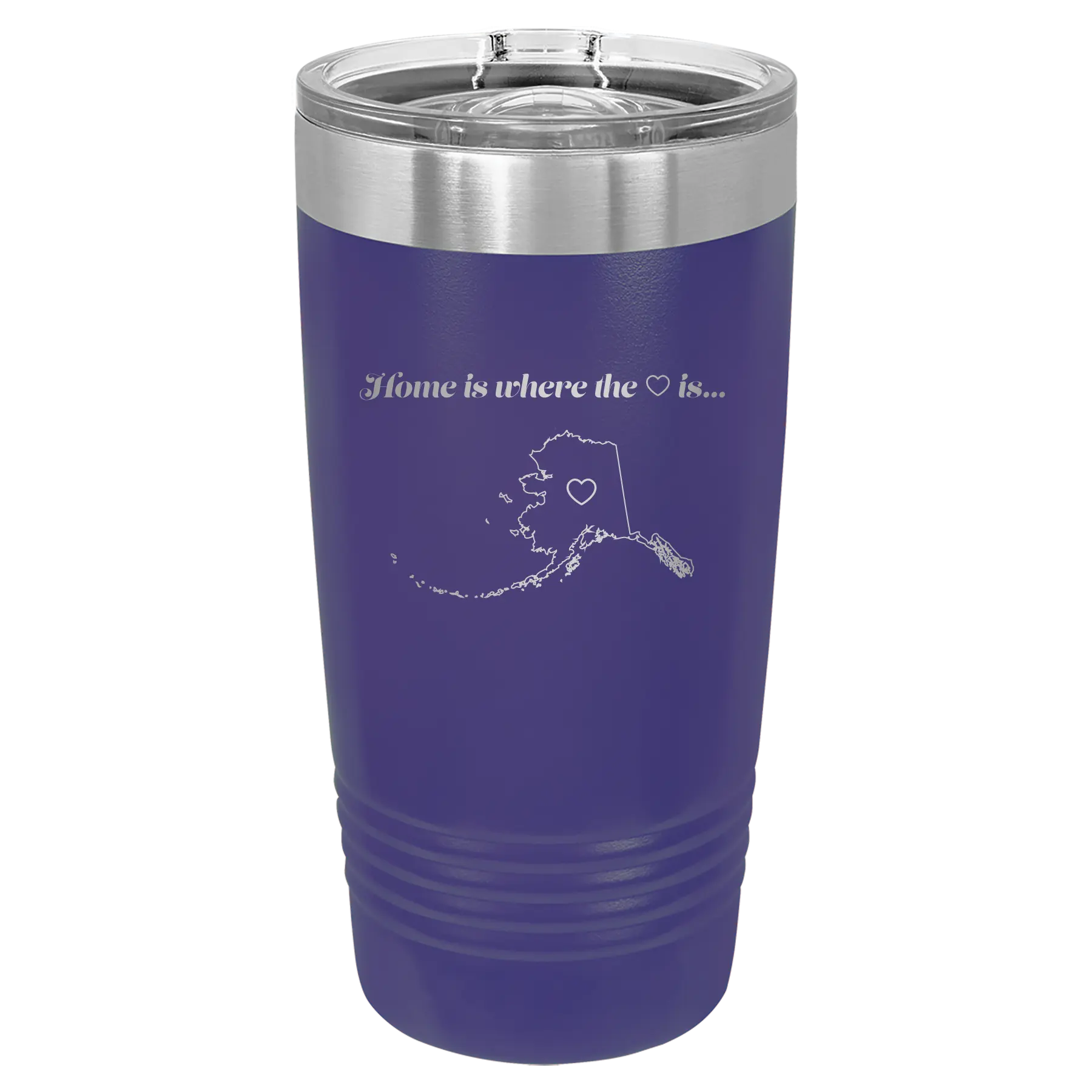 Laser etched purple 20 oz vacuum insulated tumbler with 'Alaska Heart' design