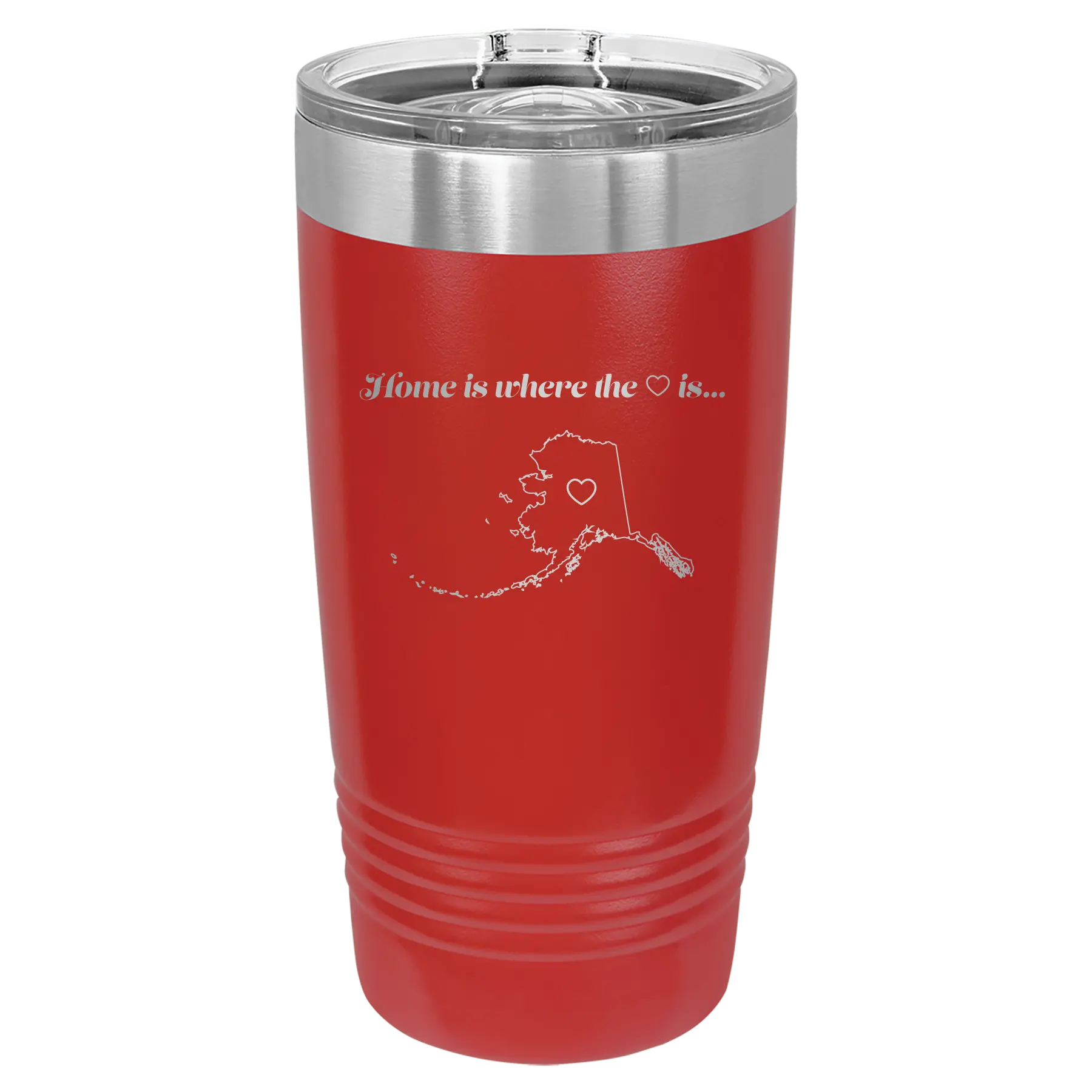 Laser etched red 20 oz vacuum insulated tumbler with 'Alaska Heart' design