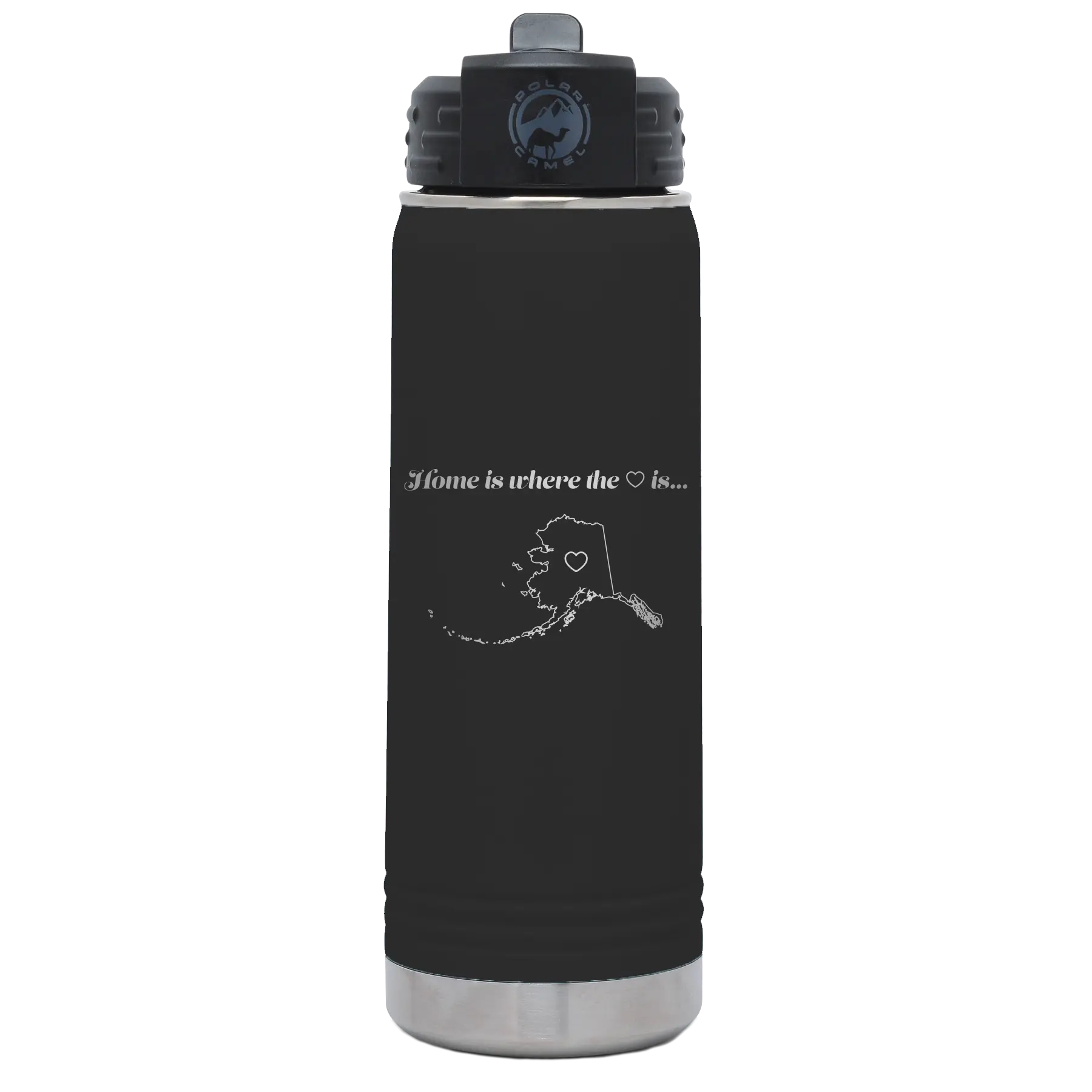 Laser etched black 20 oz vacuum insulated water bottle with 'Alaska Heart' design
