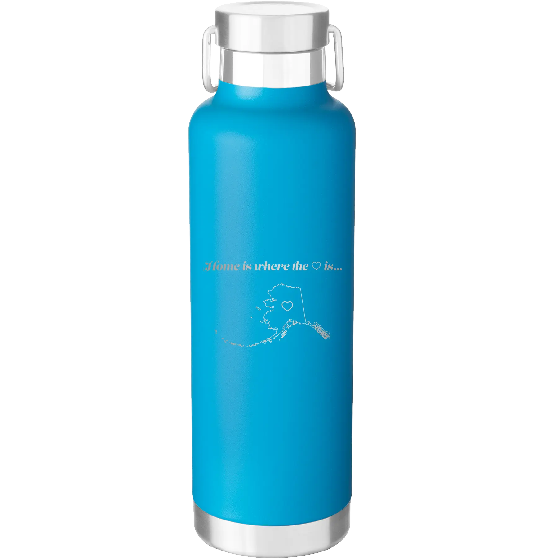 Laser etched aqua 24 oz vacuum insulated water bottle with 'Alaska Heart' design