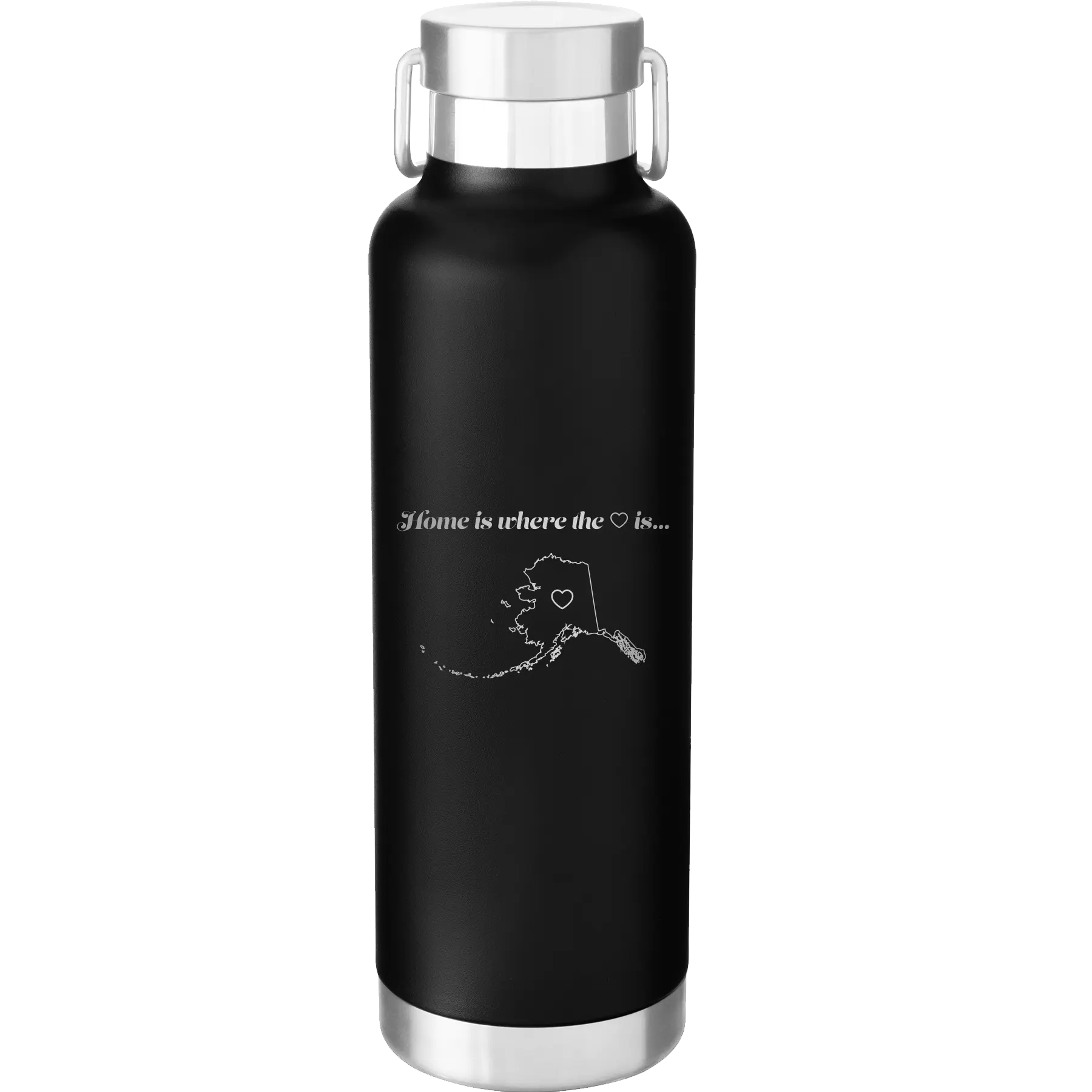 Laser etched black 24 oz vacuum insulated water bottle with 'Alaska Heart' design