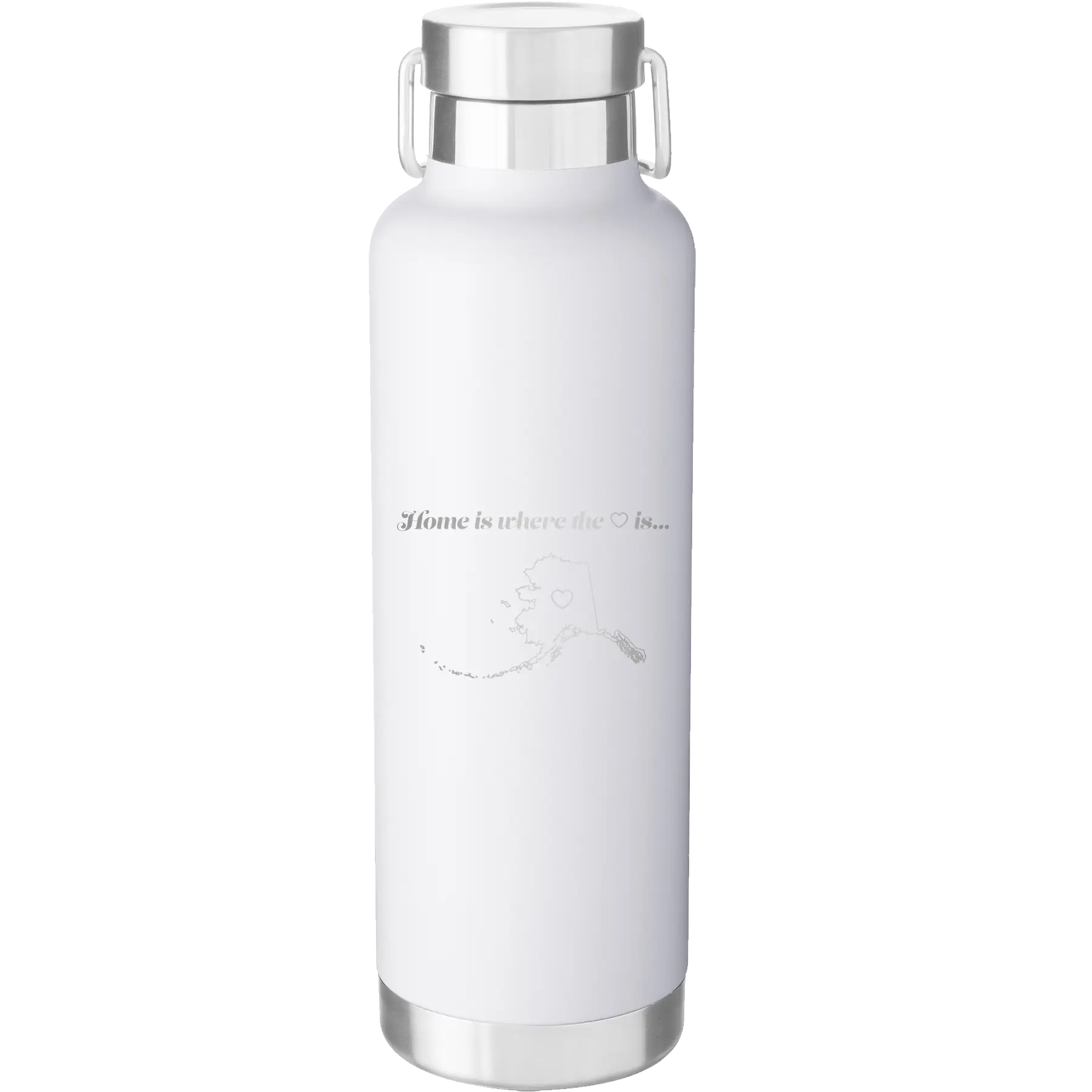 Laser etched white 24 oz vacuum insulated water bottle with 'Alaska Heart' design