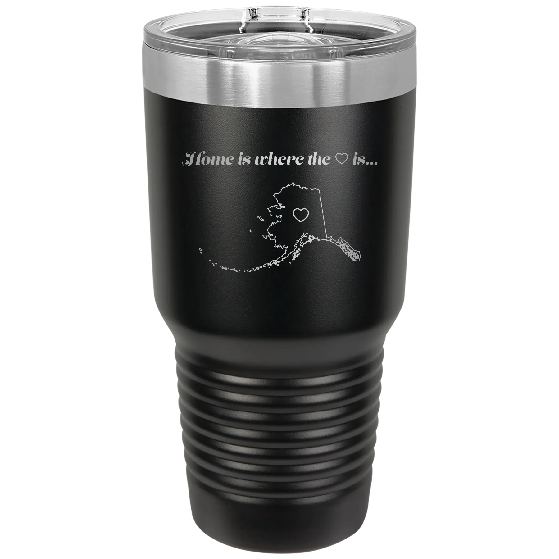 Laser etched black 30 oz vacuum insulated tumbler with 'Alaska Heart' design