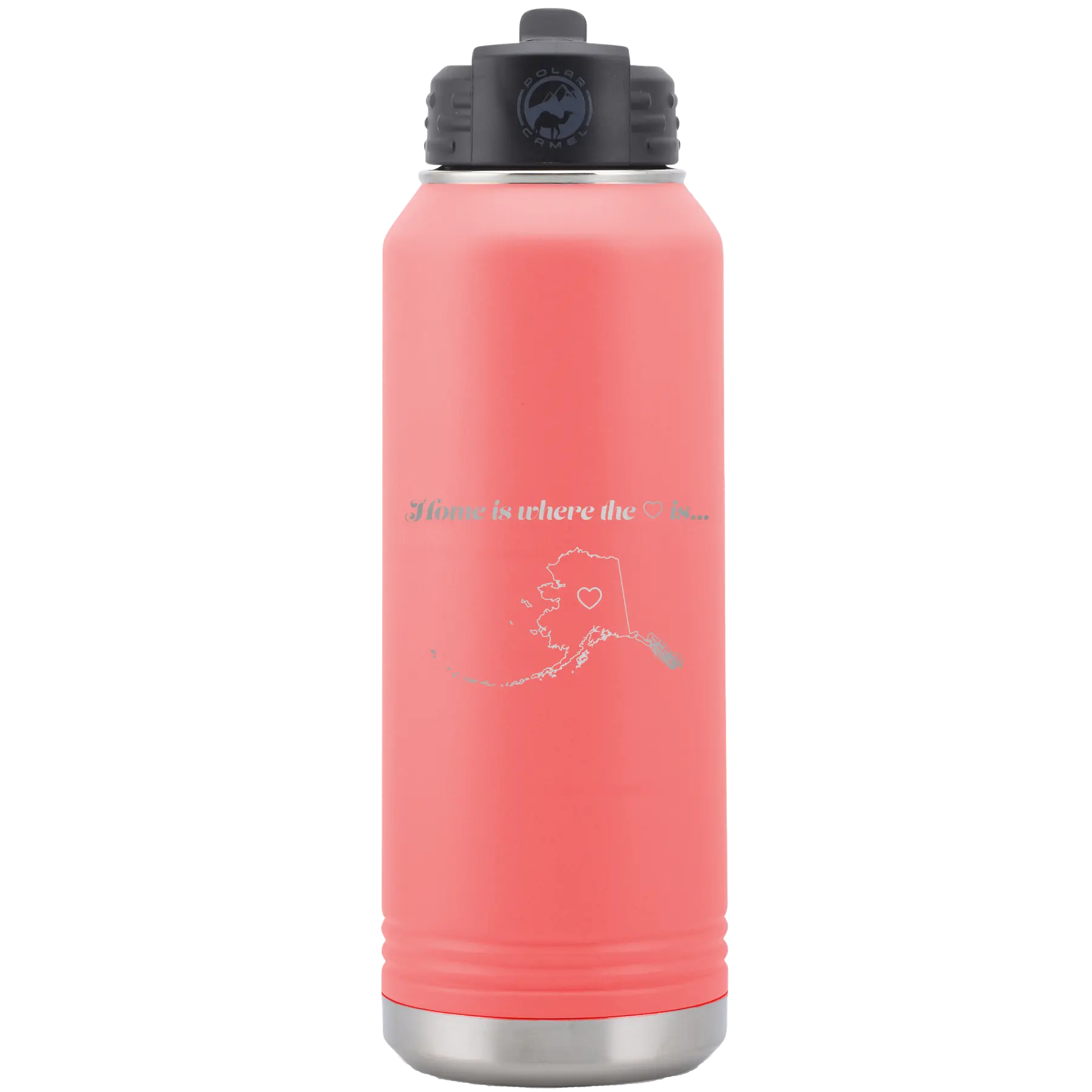 Laser etched coral 32 oz vacuum insulated water bottle with 'Alaska Heart' design