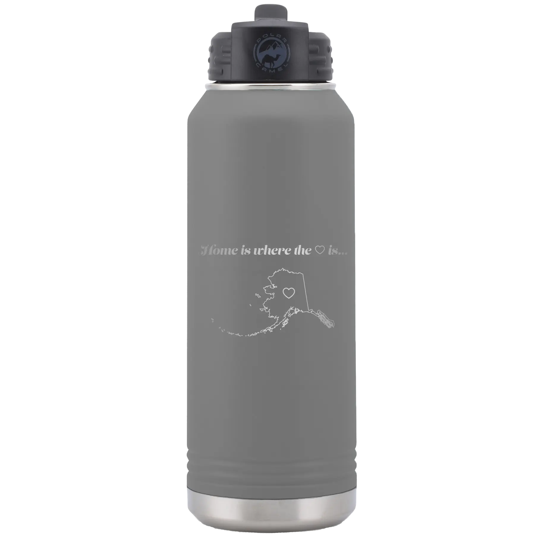 Laser etched dark gray 32 oz vacuum insulated water bottle with 'Alaska Heart' design