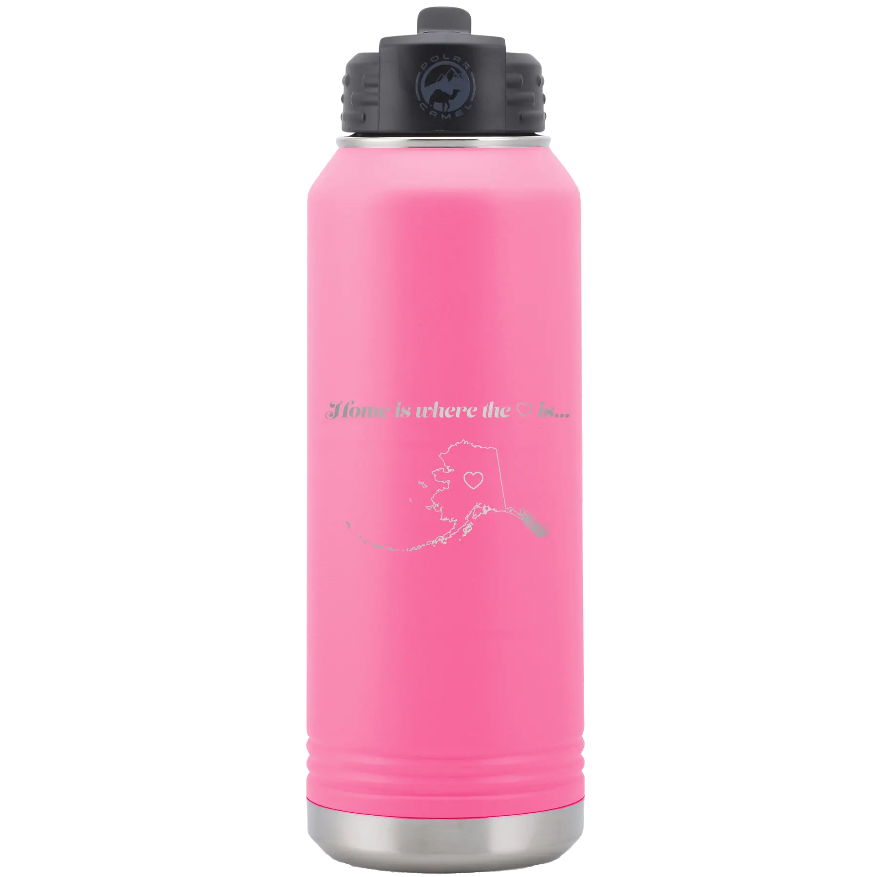 Laser etched pink 32 oz vacuum insulated water bottle with 'Alaska Heart' design