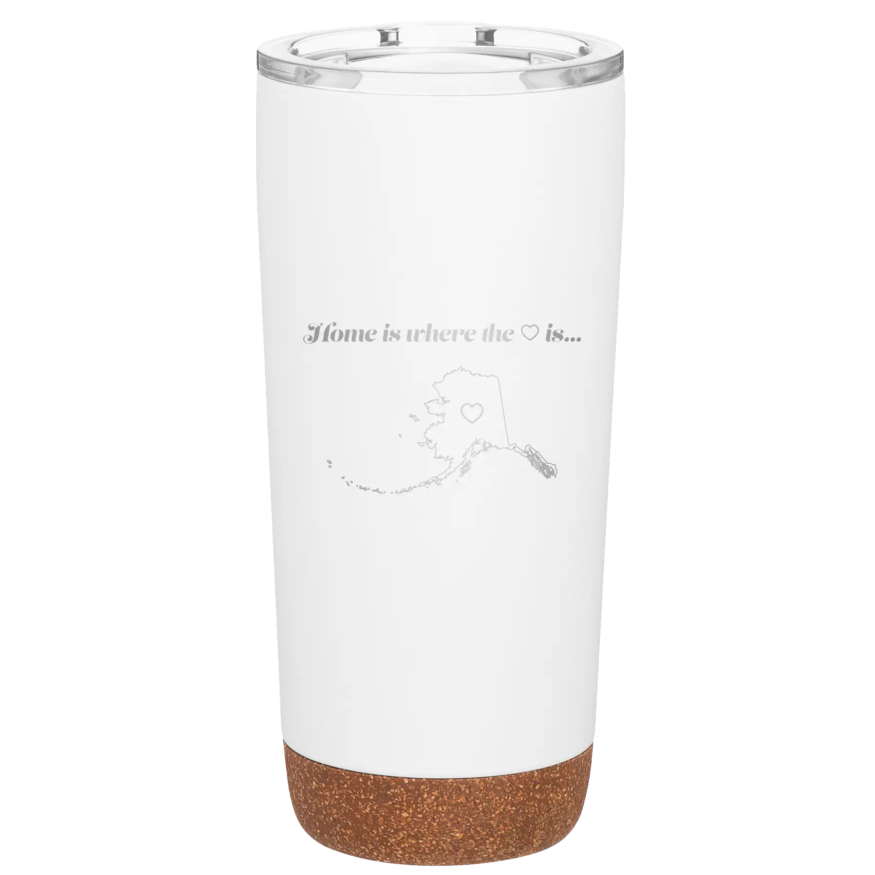 Laser etched white 20 oz vacuum insulated tumbler with 'Alaska Heart' design