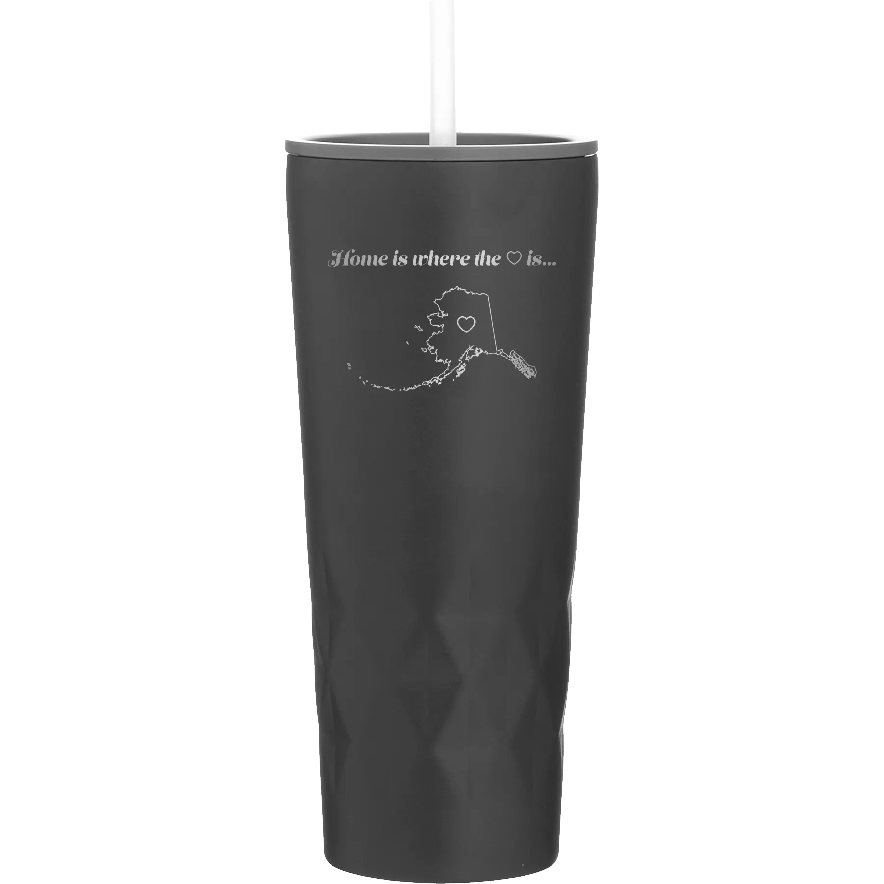 Laser etched black 20 oz vacuum insulated tumbler with 'Alaska Heart' design