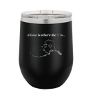 Laser etched black 12 oz vacuum insulated wine cup with 'Alaska Heart' design