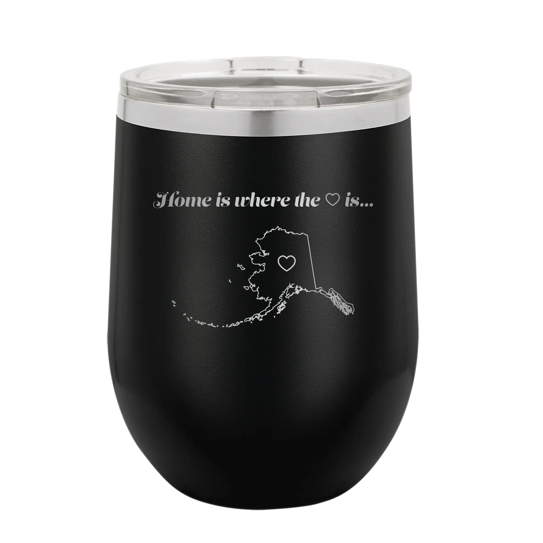 Laser etched black 12 oz vacuum insulated wine cup with 'Alaska Heart' design