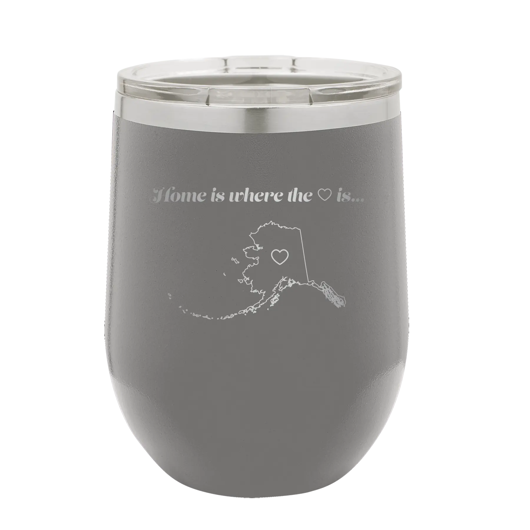 Laser etched dark gray 12 oz vacuum insulated wine cup with 'Alaska Heart' design