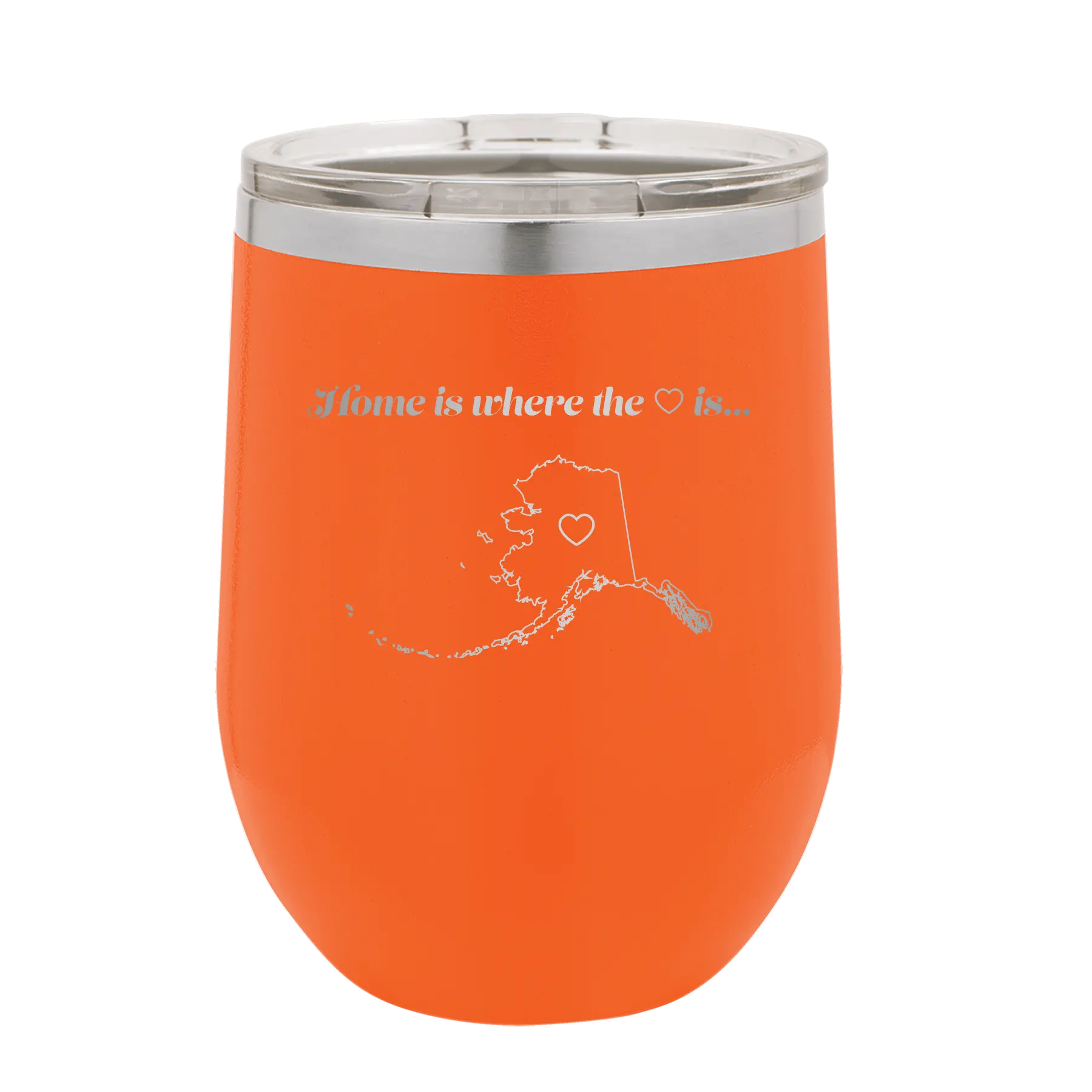 Laser etched orange 12 oz vacuum insulated wine cup with 'Alaska Heart' design