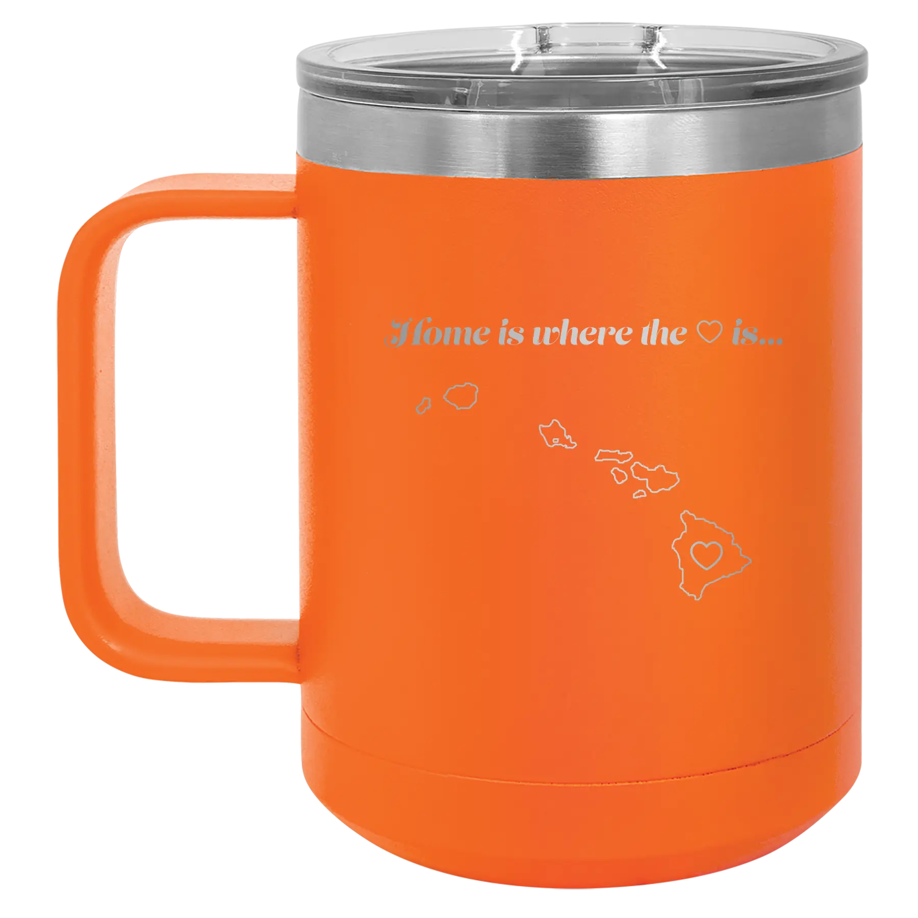 Laser etched orange 15 oz vacuum insulated coffee mug with 'Hawaii Heart' design
