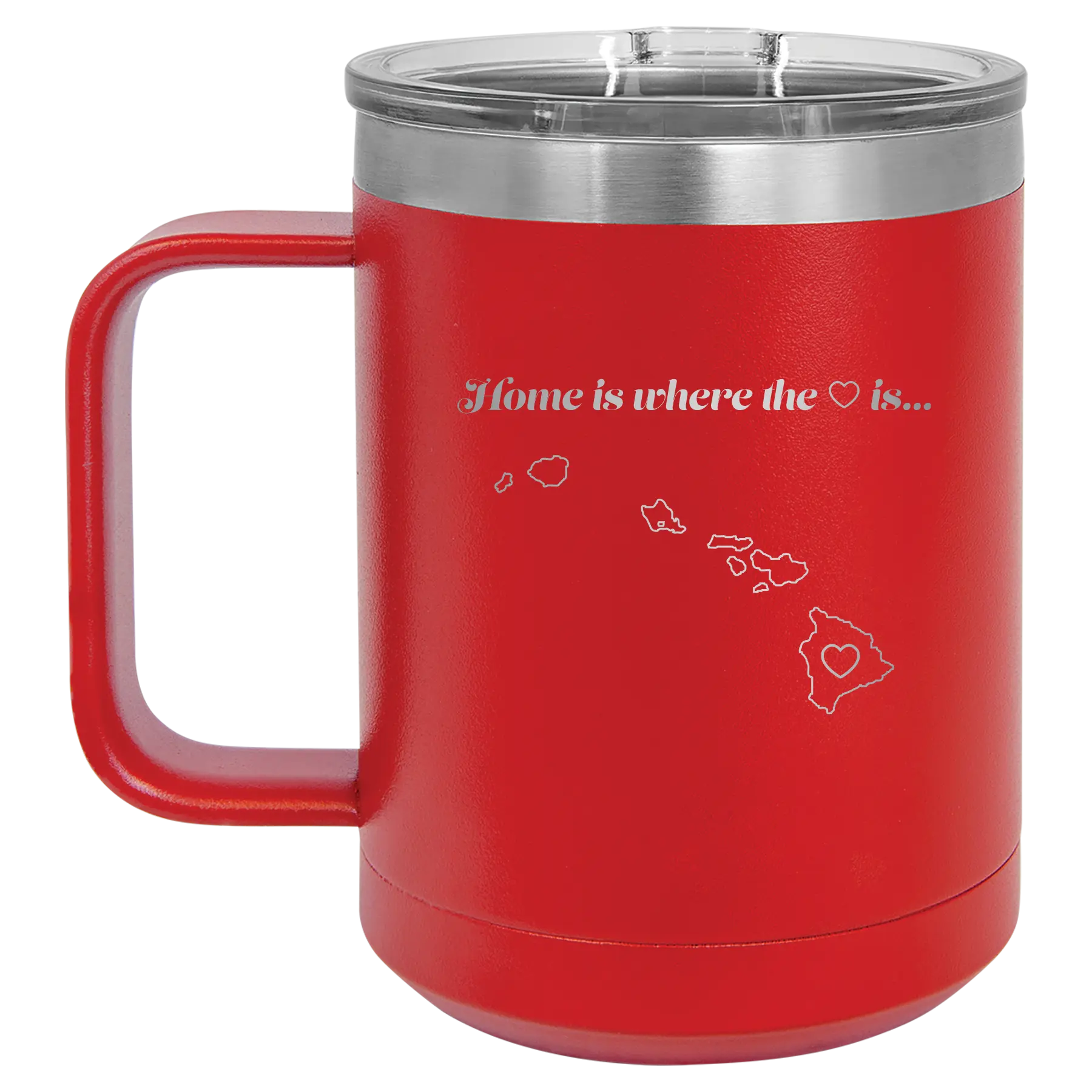 Laser etched red 15 oz vacuum insulated coffee mug with 'Hawaii Heart' design